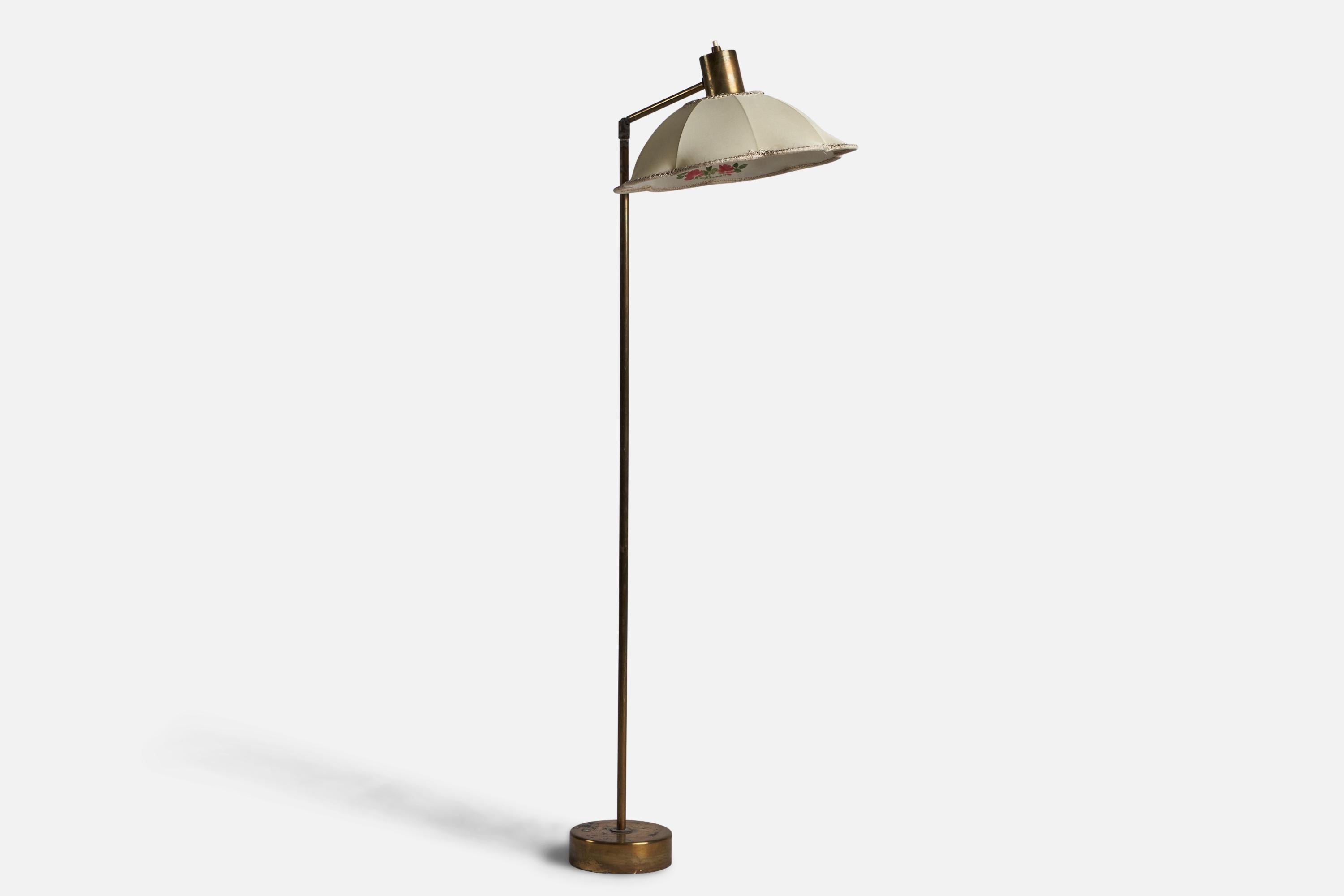 Mid-Century Modern Hans Bergström, lampadaire, laiton, tissu, Suède, années 1940 en vente