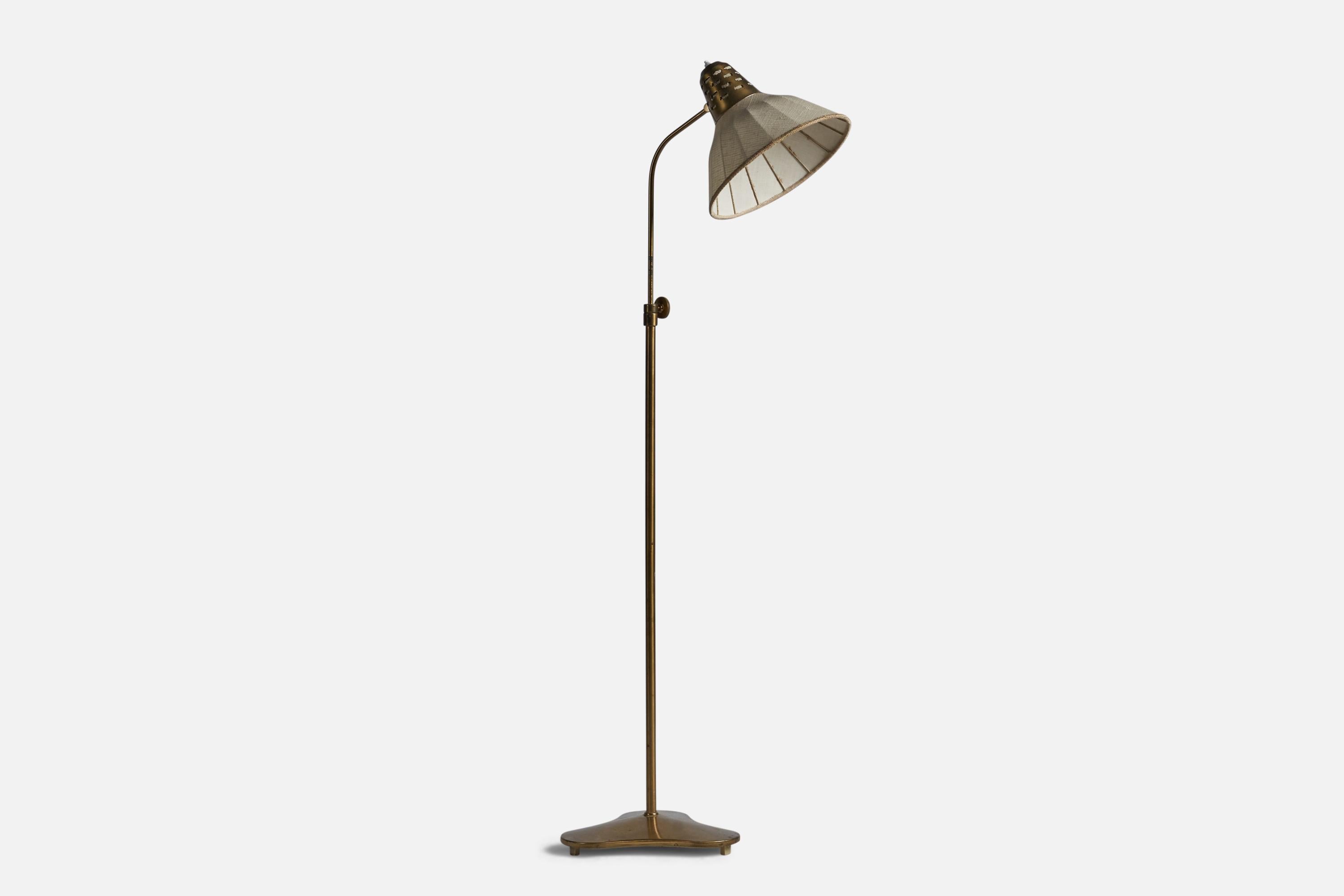 Scandinavian Modern Hans Bergström, Floor Lamp, Brass, Fabric, Sweden, 1940s For Sale