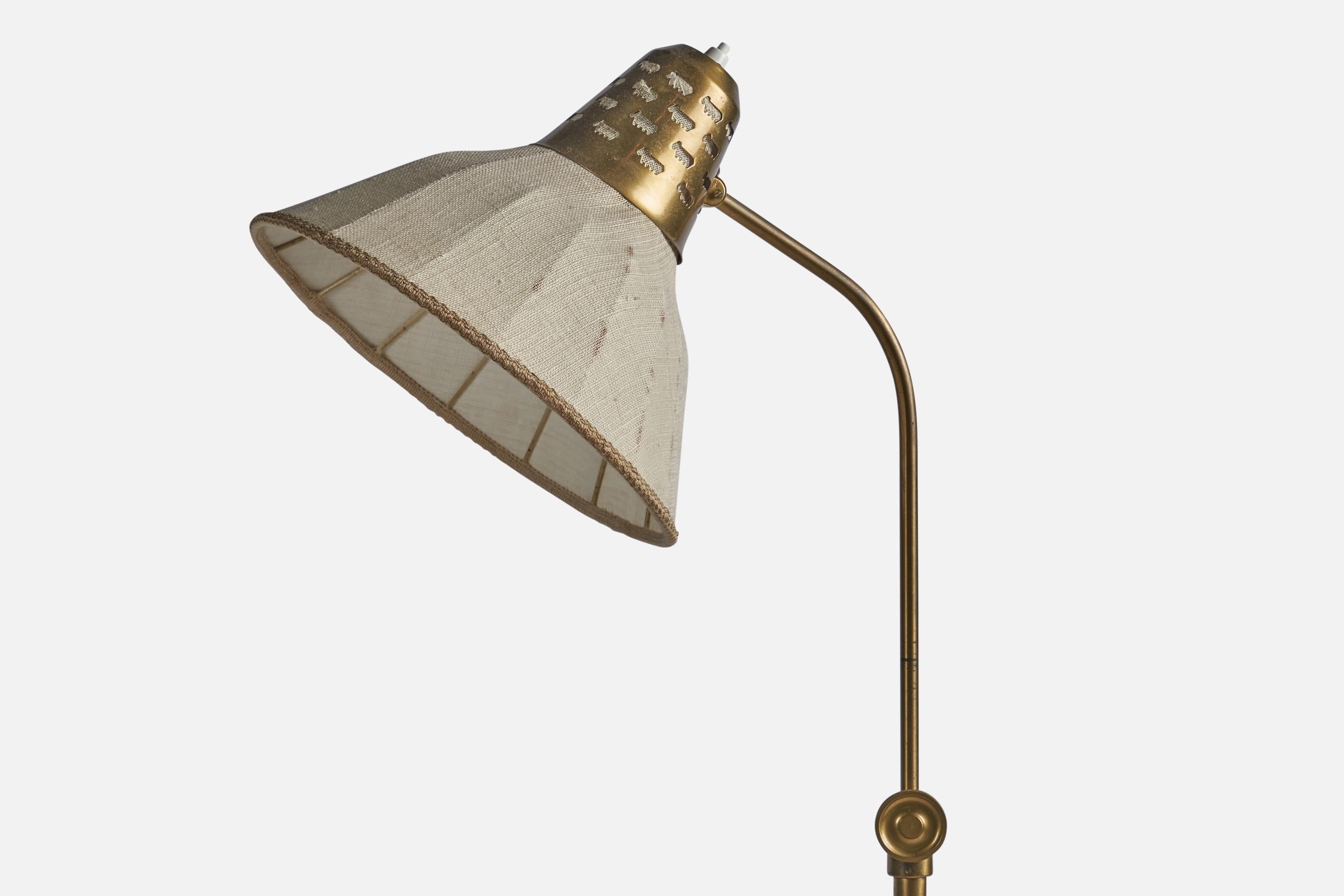 Swedish Hans Bergström, Floor Lamp, Brass, Fabric, Sweden, 1940s For Sale