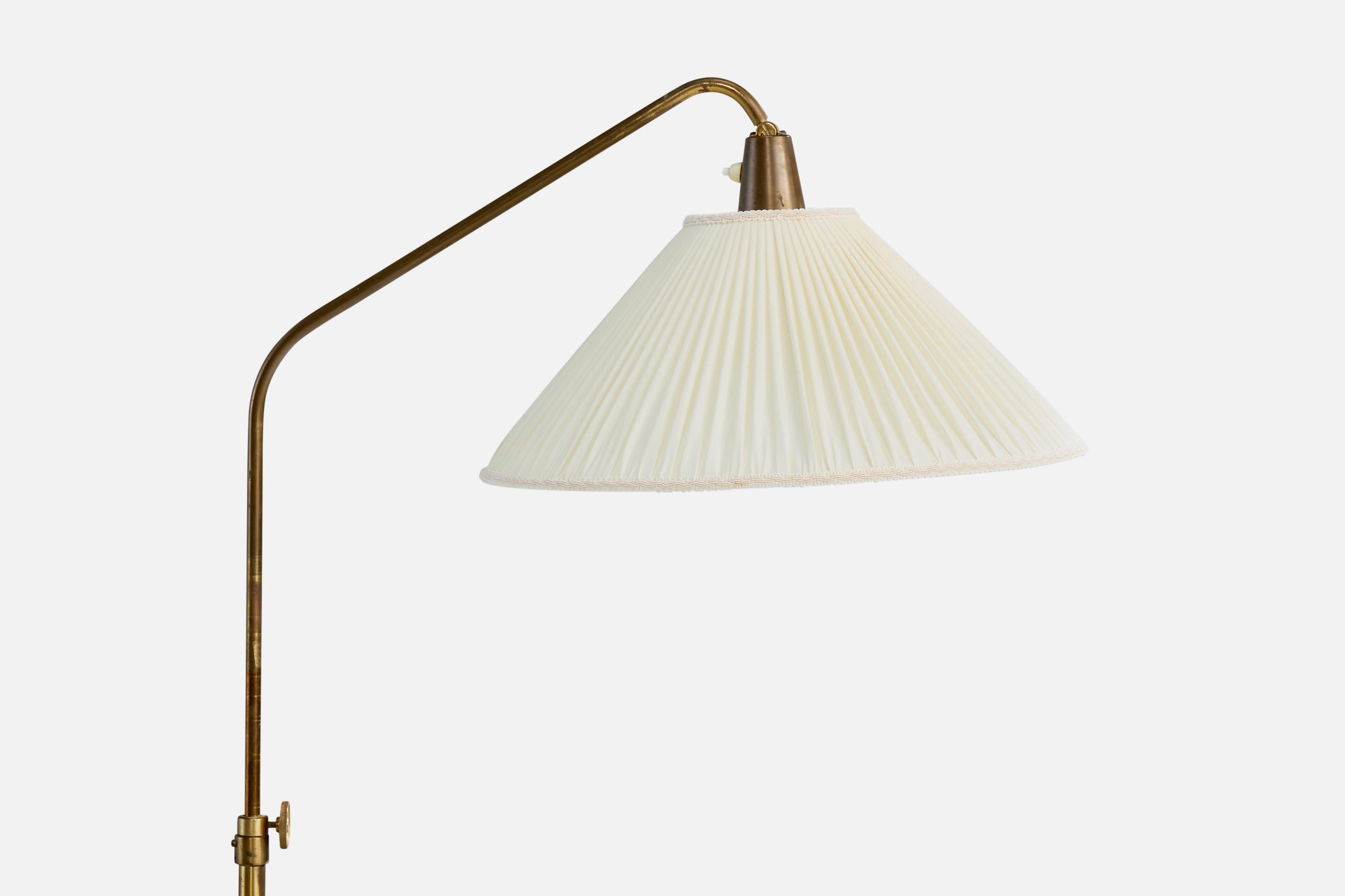 Mid-Century Modern Hans Bergström. Floor Lamp, Brass, Fabric, Sweden, 1950s For Sale