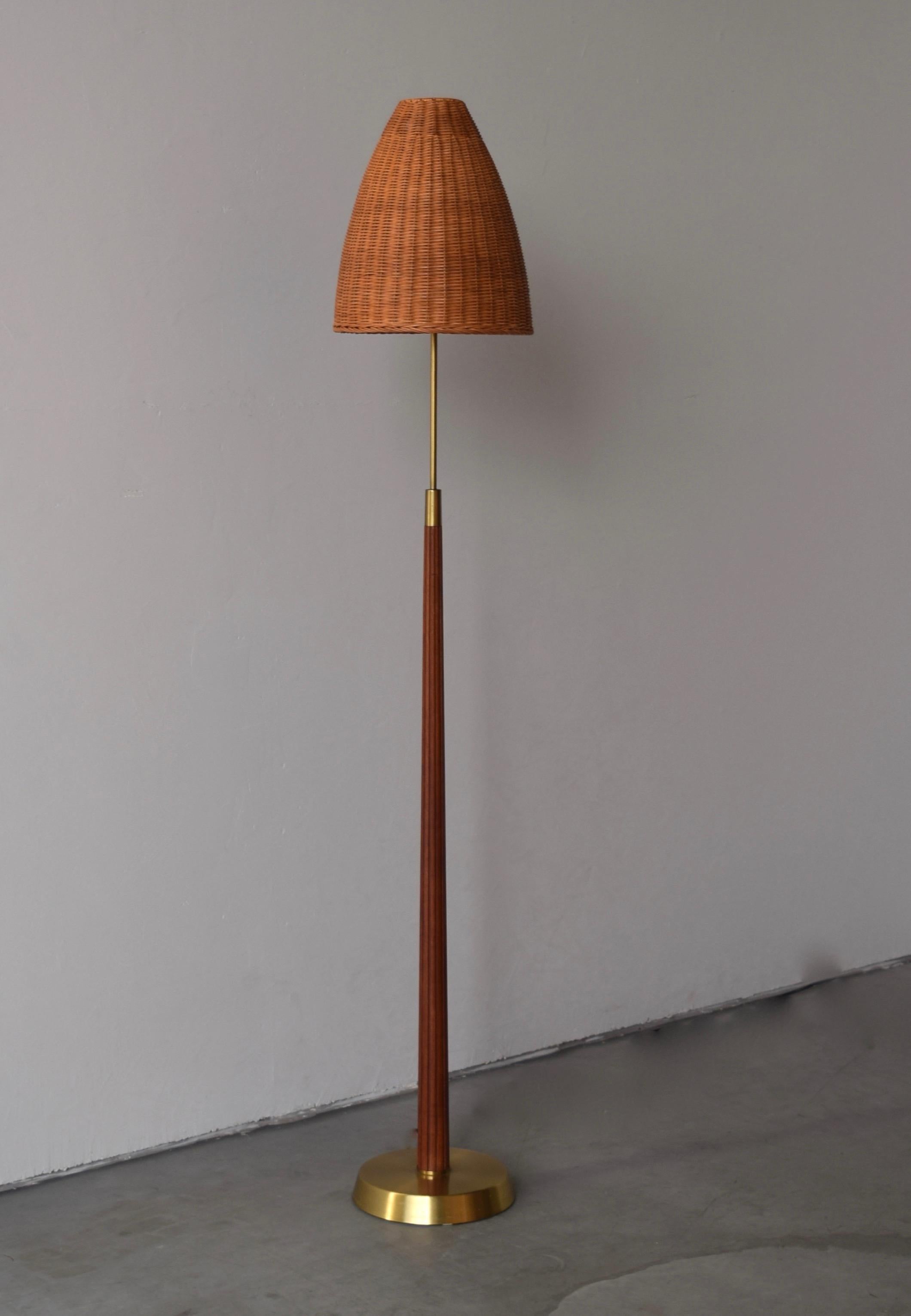 Mid-Century Modern Hans Bergström, Floor Lamp, Brass, Wood, Rattan, for ASEA, Sweden, 1950s