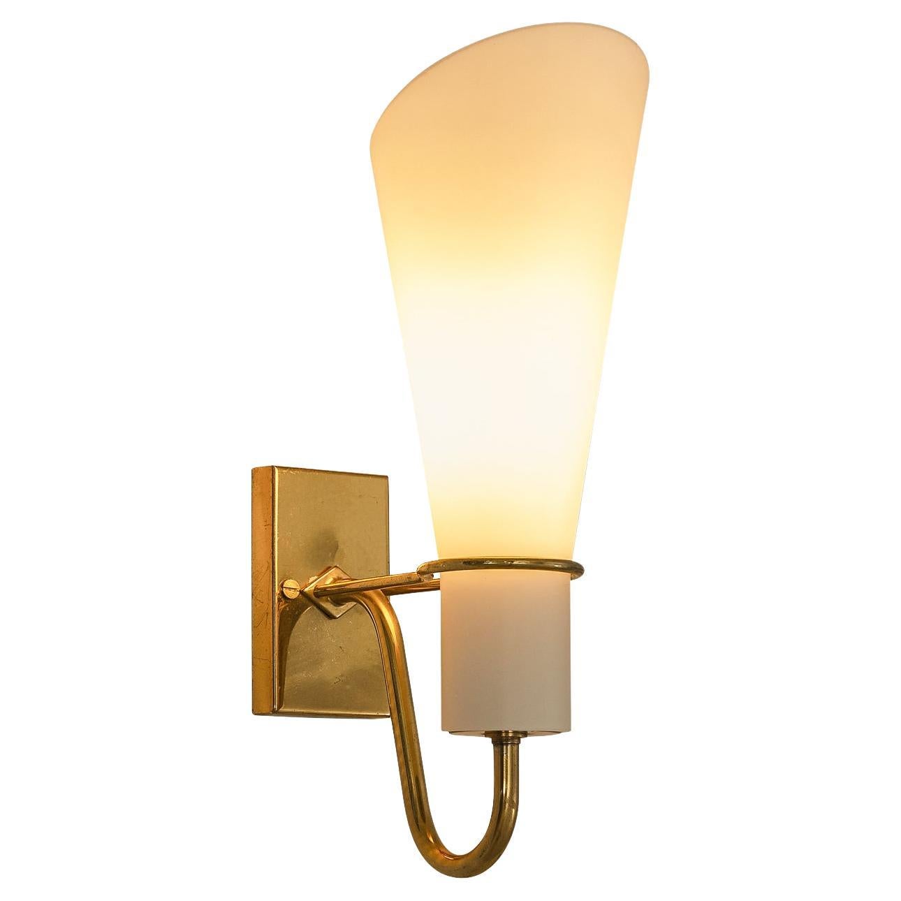 Hans Bergström for ASEA Belysning Wall Light in Brass and White Glass  For Sale