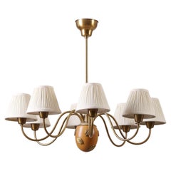 Hans Bergström for Ateljé Lyktan 8-Arm Brass and Wood Chandelier, 1940s