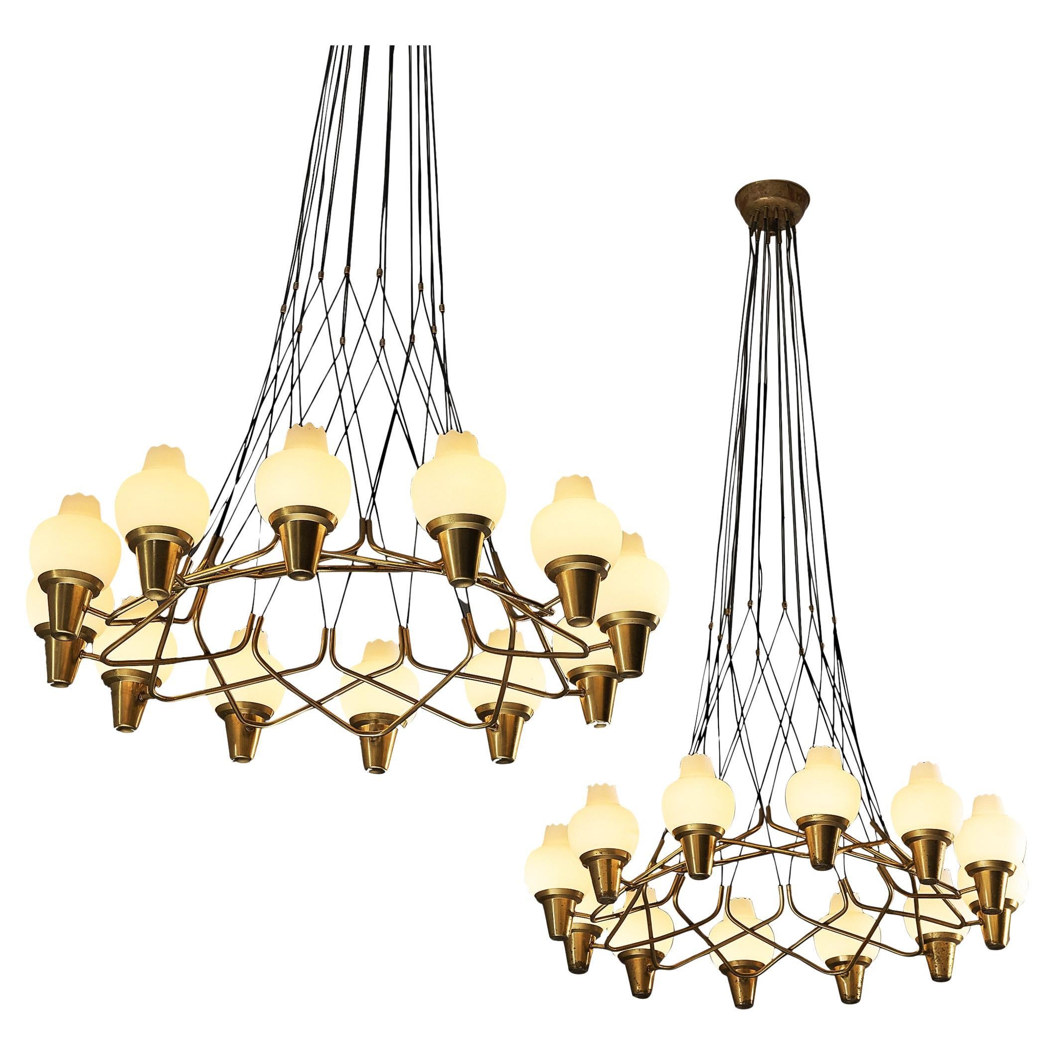Hans Bergström for Ateljé Lyktan Chandeliers in Brass and Frosted Glass