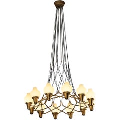 Hans Bergström for Ateljé Lyktan Chandeliers in Brass and Frosted White Glass