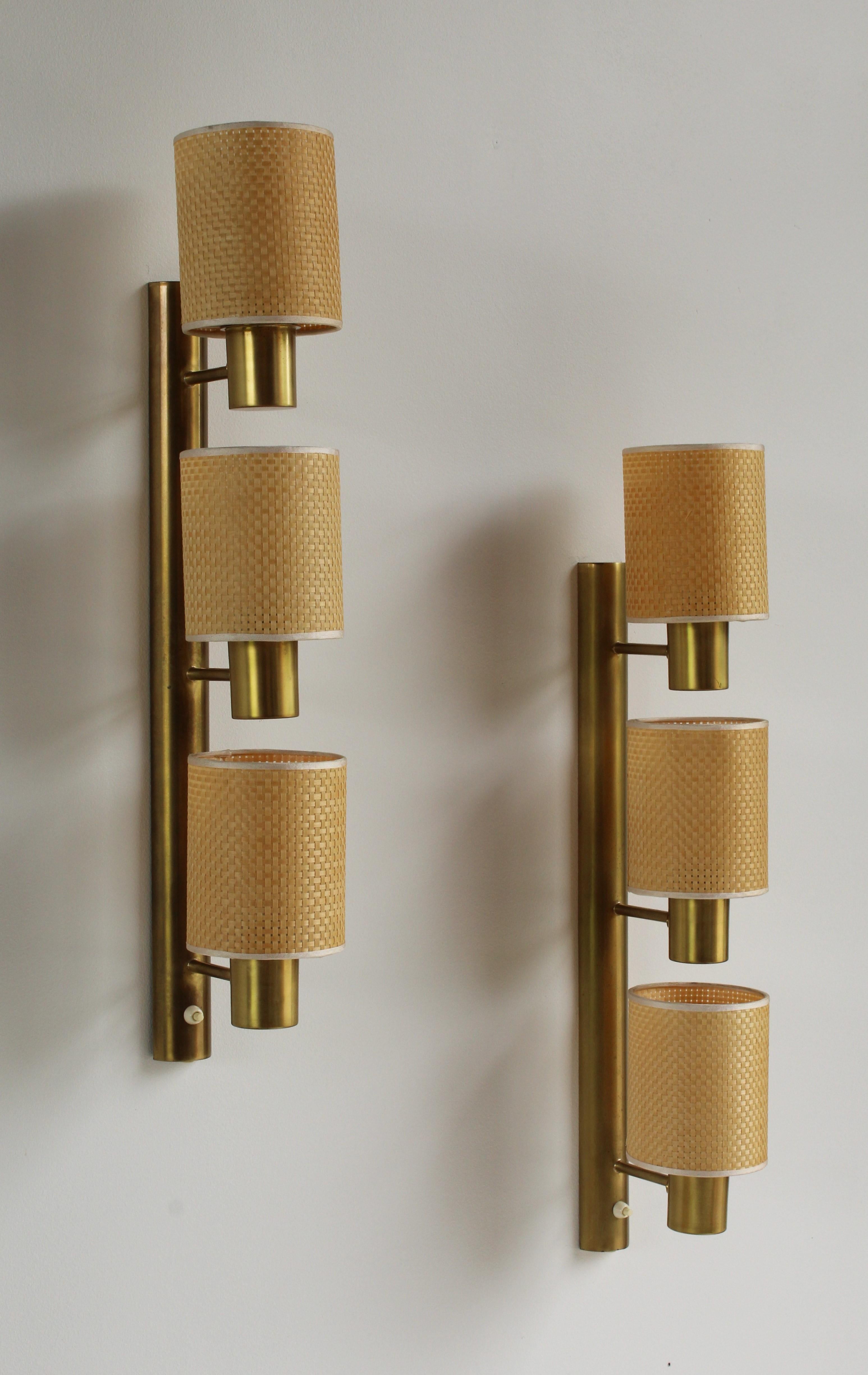 Hans Bergström for Ateljé Lyktan, Wall Lamps, Brass, Rattan, circa 1950s 4