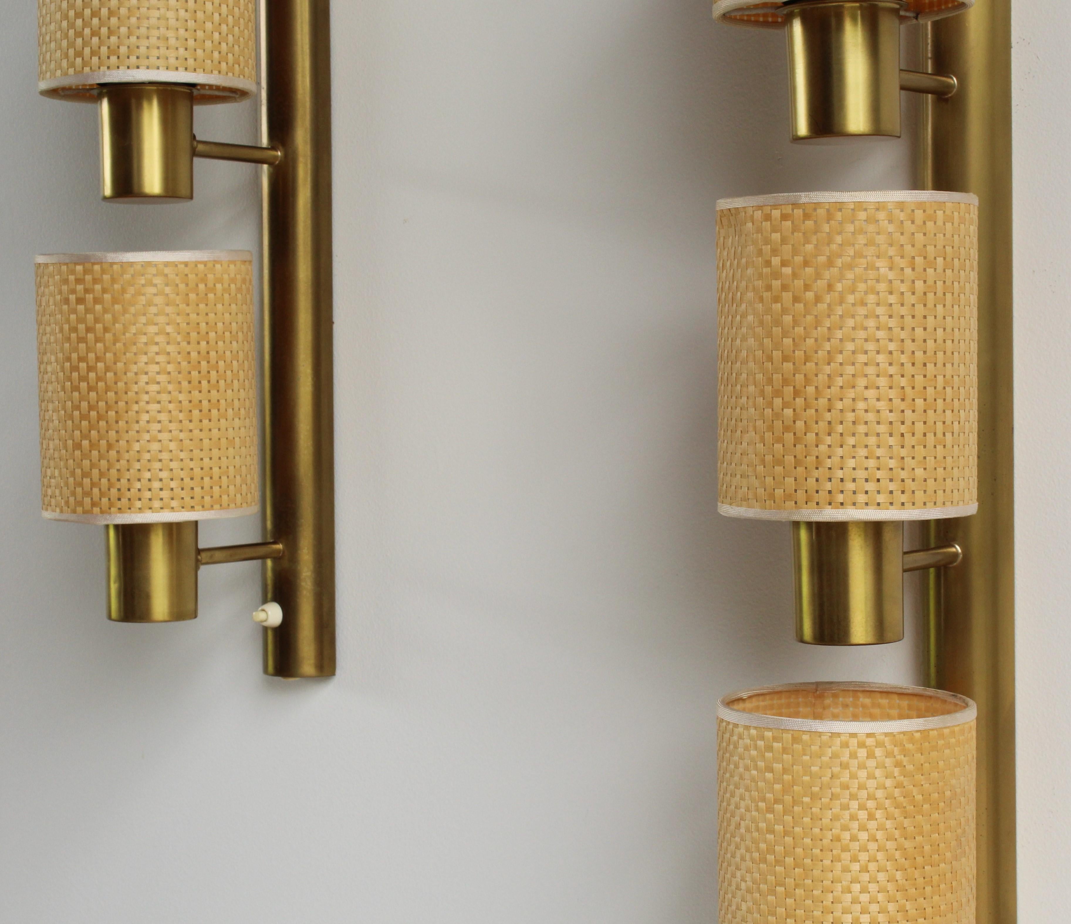 Hans Bergström for Ateljé Lyktan, Wall Lamps, Brass, Rattan, circa 1950s In Excellent Condition In High Point, NC