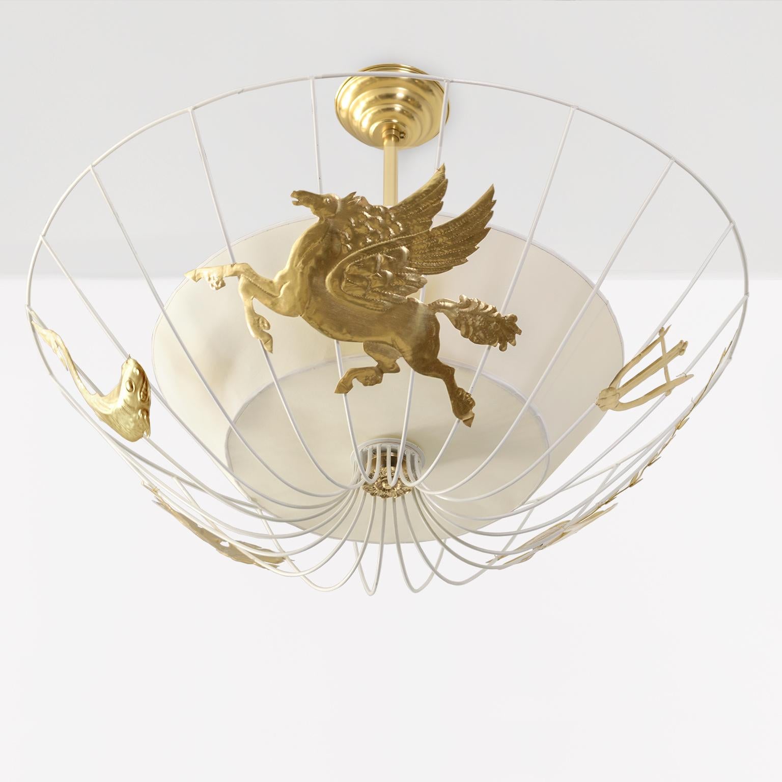 A Hans Bergstrom white lacquered wire frame pendant light with hand hammered embossed surface decorations. A variety of objects and animals include a bird in flight, a branch with leaves, a fish, a lyre, a large grape leaf and the largest element