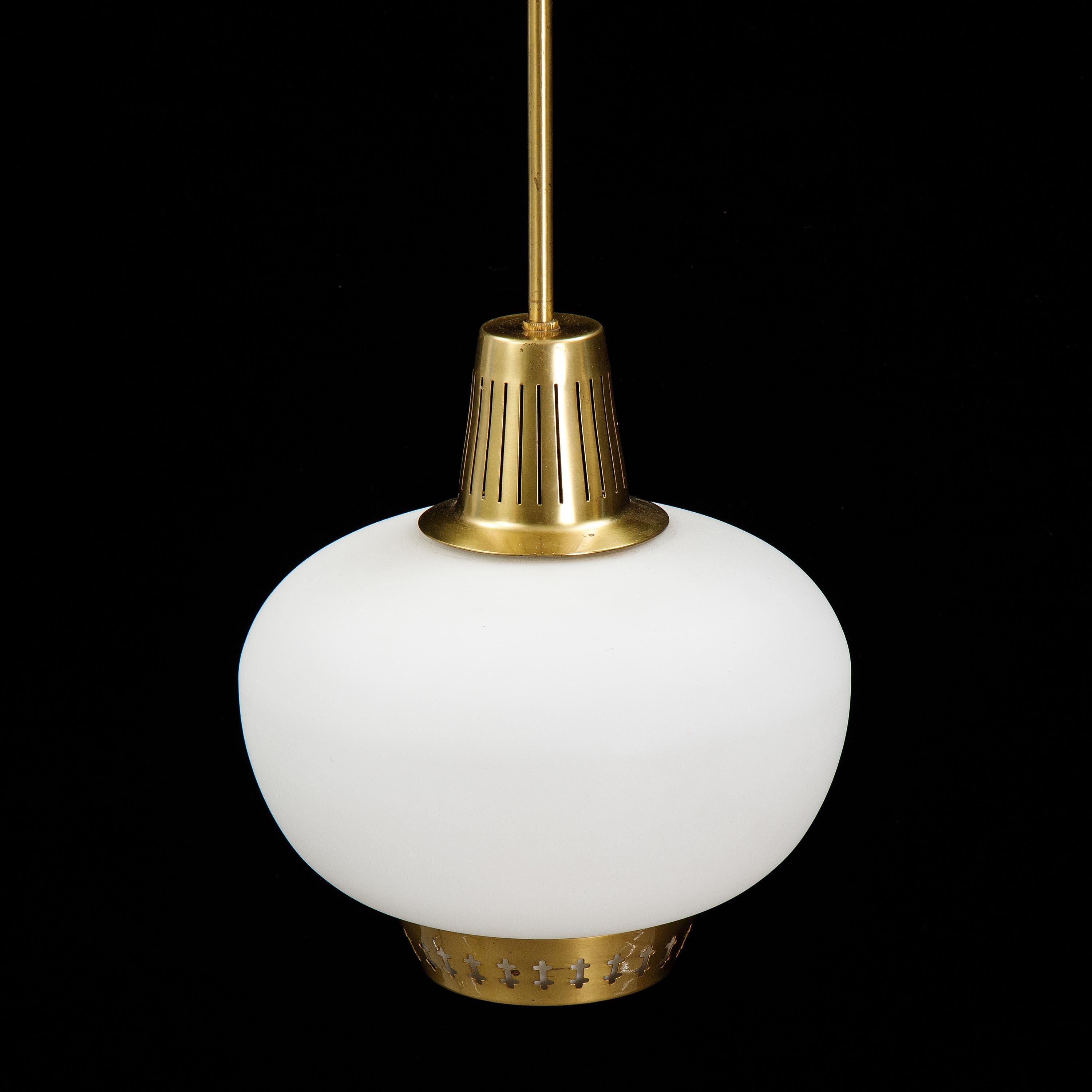 Swedish Hans Bergstrom Pendant Light Brass &Opaline Glass for Ateljé Lyktan Sweden 1960 For Sale