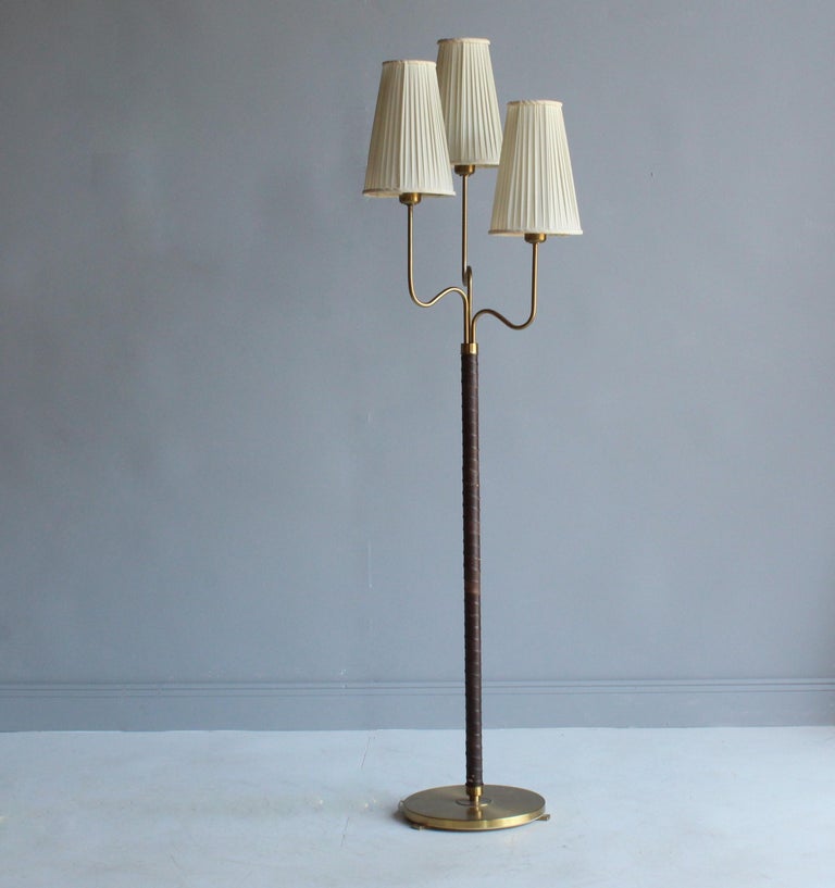 Hans Bergstrom Rare Floor Lamp Brass Leather Fabric Asea