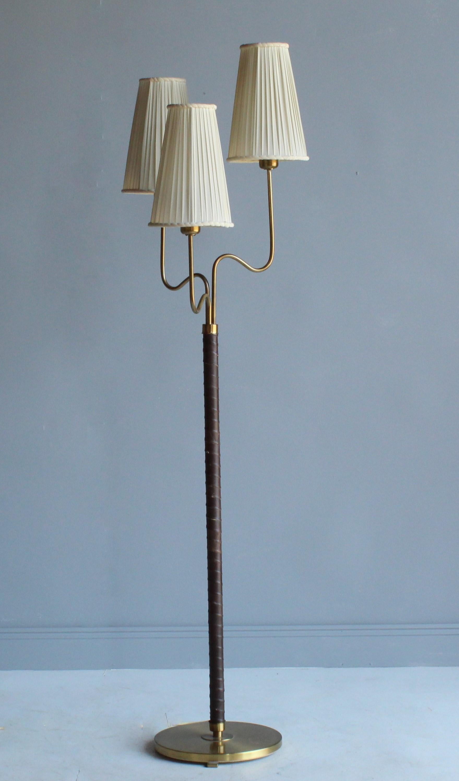 Scandinavian Modern Hans Bergström, Rare Floor Lamp, Brass, Leather, Fabric, ASEA, Sweden, 1946