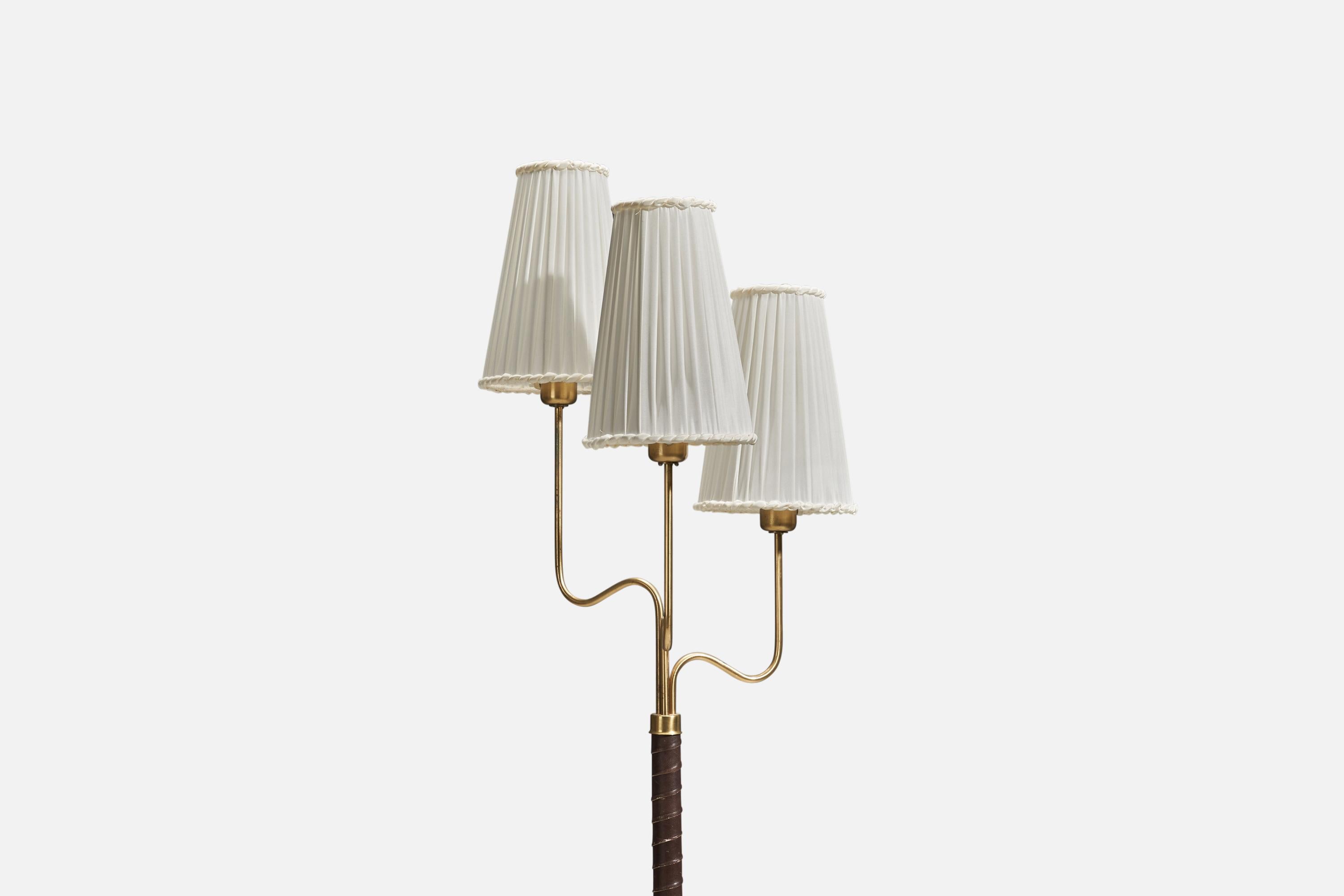 Scandinavian Modern Hans Bergström, Rare Floor Lamp, Brass, Leather, Fabric, ASEA, Sweden, 1946