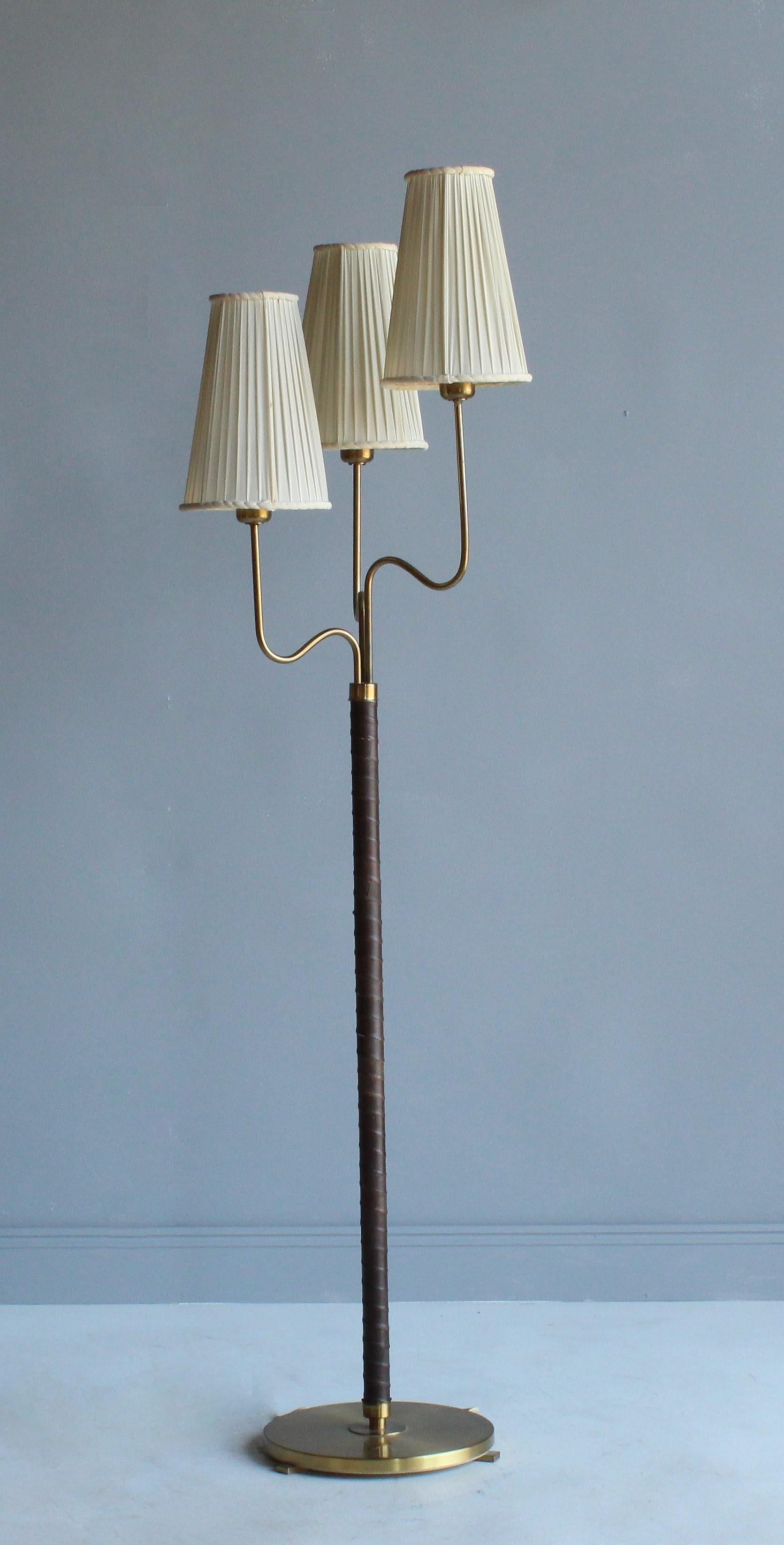 Swedish Hans Bergström, Rare Floor Lamp, Brass, Leather, Fabric, ASEA, Sweden, 1946