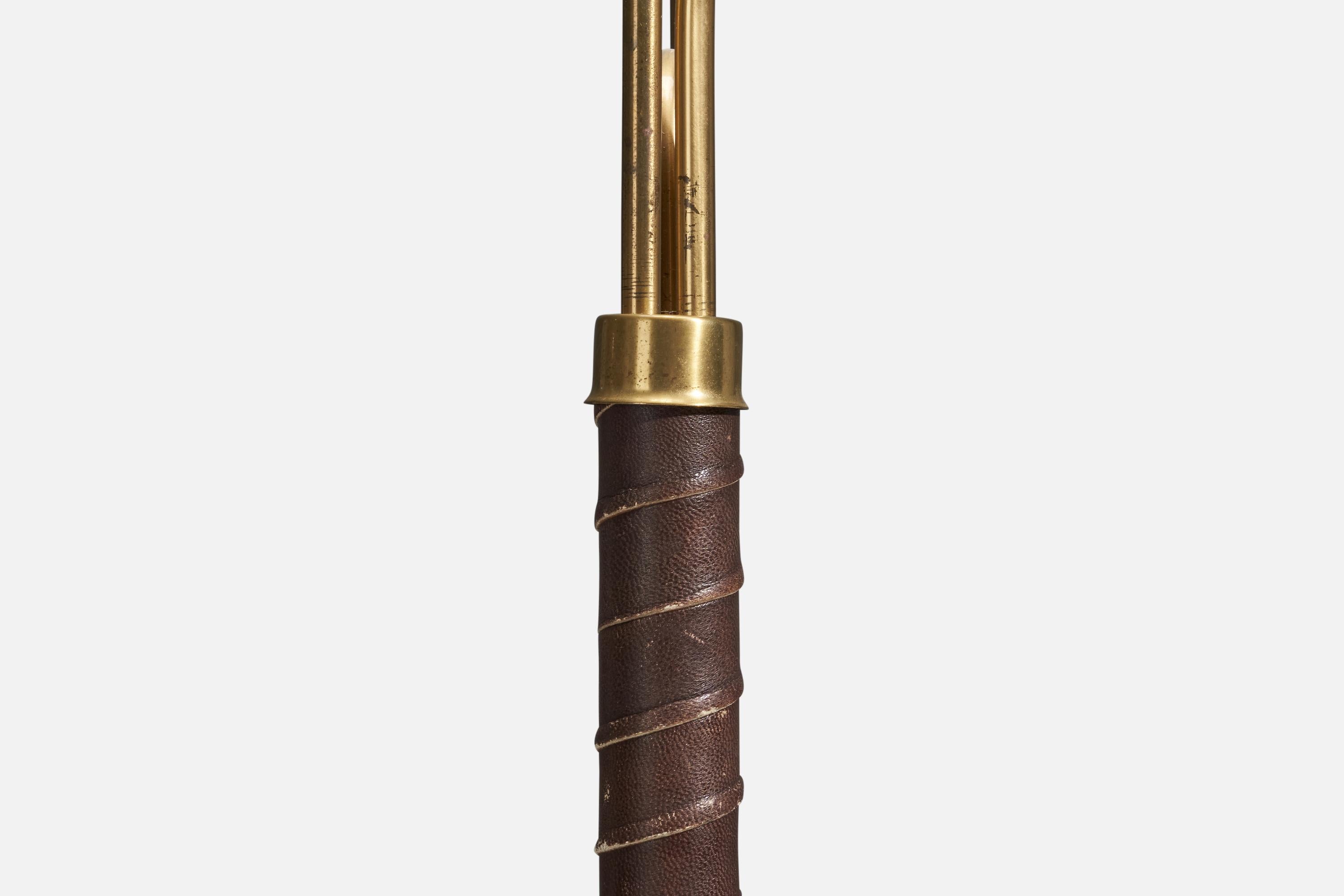 Swedish Hans Bergström, Rare Floor Lamp, Brass, Leather, Fabric, ASEA, Sweden, 1946