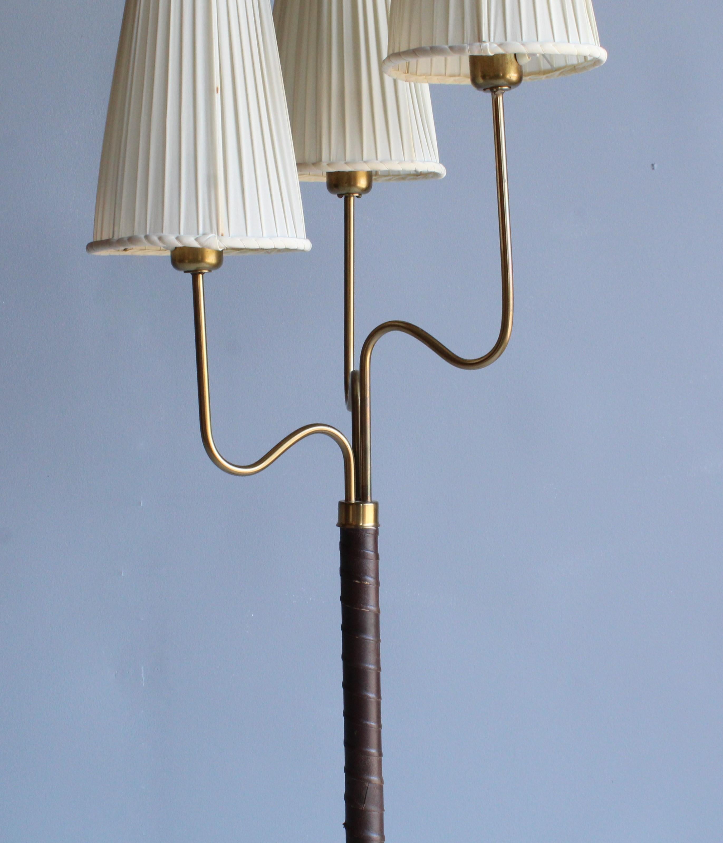 Hans Bergström, Rare Floor Lamp, Brass, Leather, Fabric, ASEA, Sweden, 1946 In Good Condition In High Point, NC