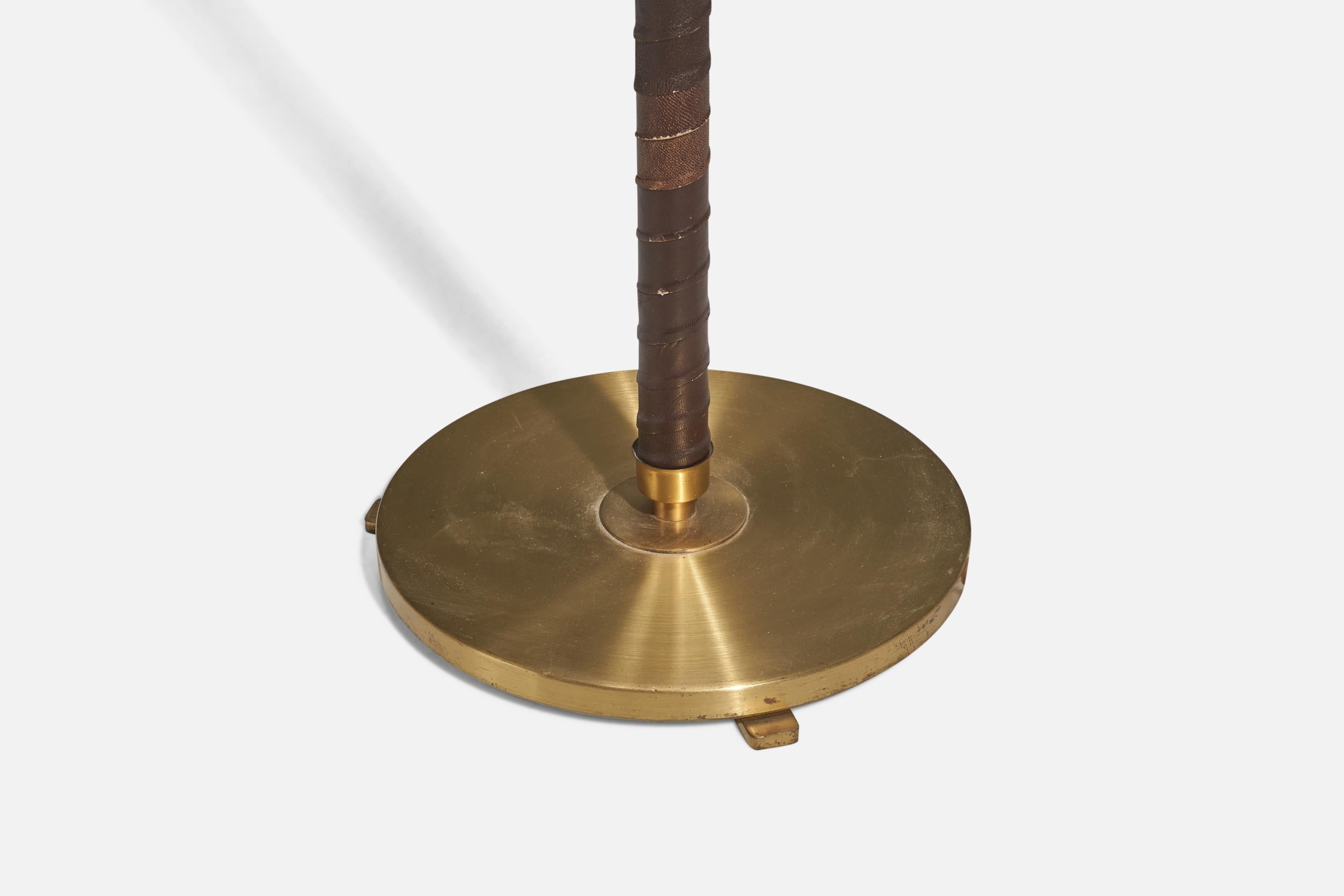 Hans Bergström, Rare Floor Lamp, Brass, Leather, Fabric, ASEA, Sweden, 1946 In Good Condition In High Point, NC