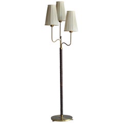 Hans Bergström, Rare Floor Lamp, Brass, Leather, Fabric, ASEA, Sweden, 1946