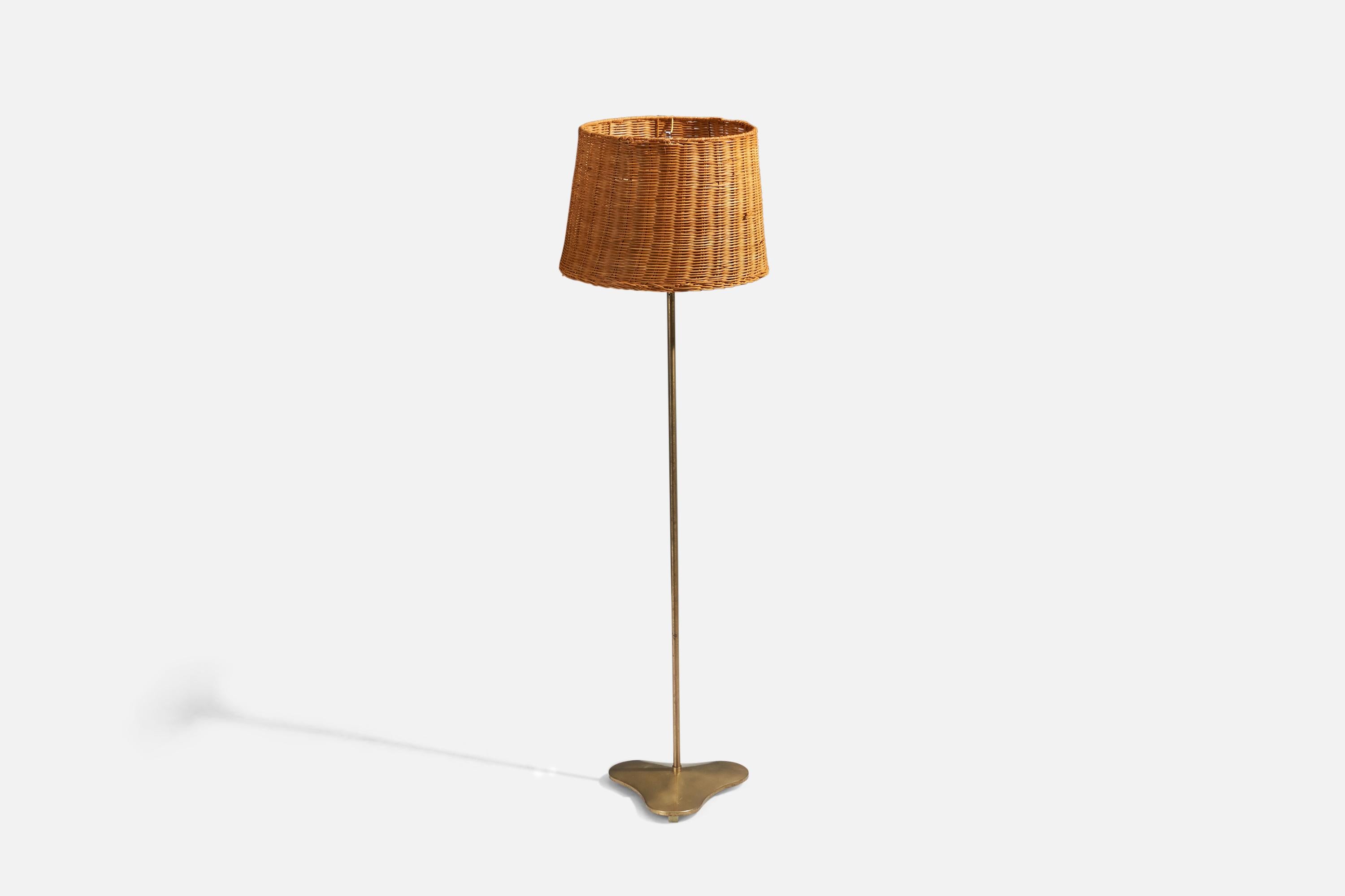 Mid-Century Modern Hans Bergström, Floor Lamp, Brass, Rattan, ASEA, Sweden, 1940s For Sale