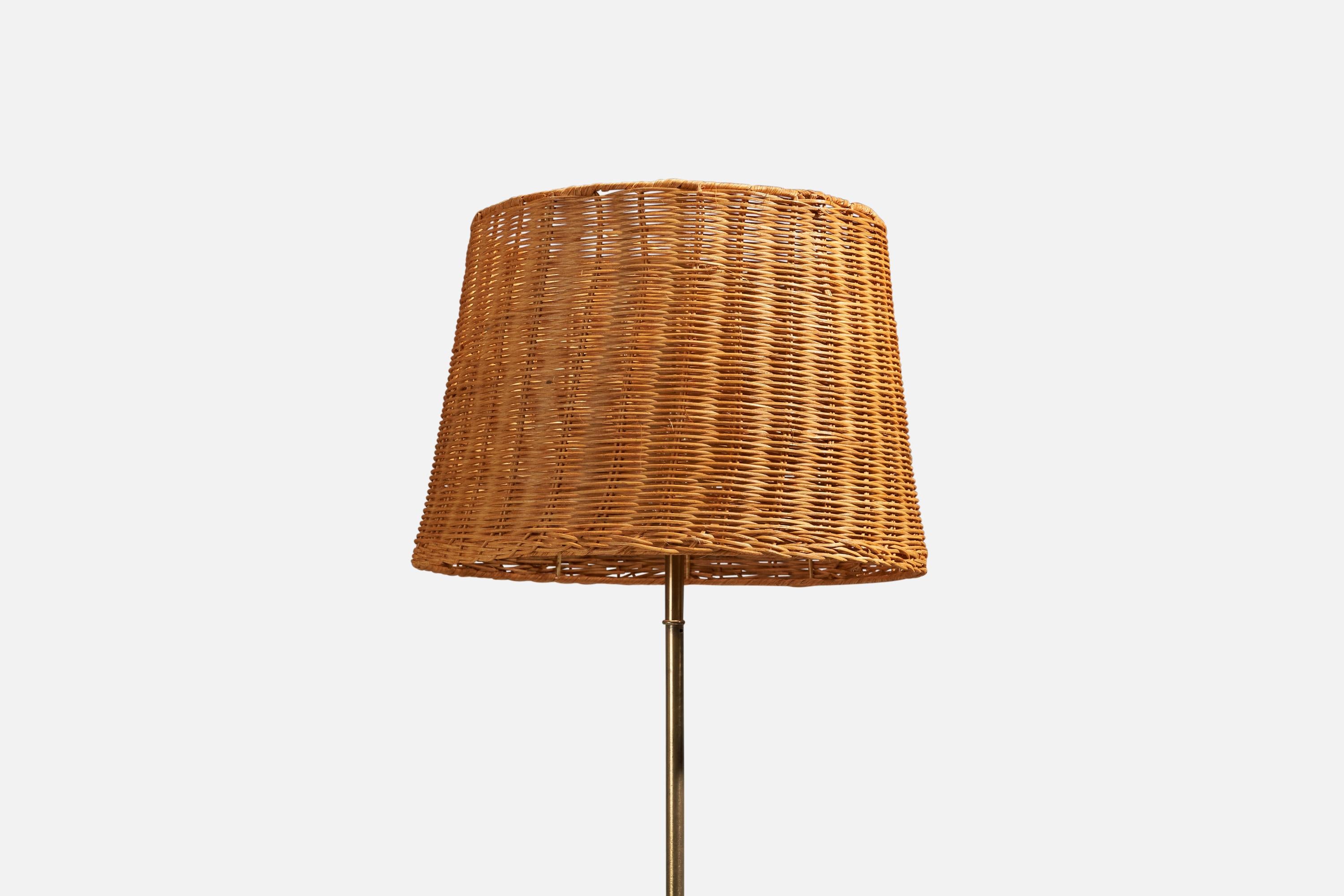 Hans Bergström, Floor Lamp, Brass, Rattan, ASEA, Sweden, 1940s In Good Condition For Sale In High Point, NC