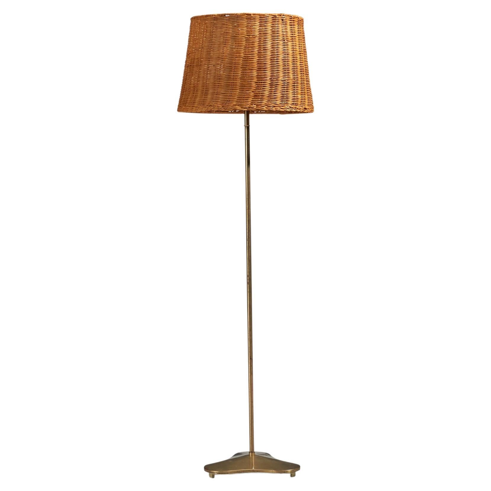 Hans Bergström, Floor Lamp, Brass, Rattan, ASEA, Sweden, 1940s For Sale