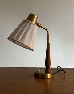 Hans Bergström, Small Table Lamp Wood Brass, Fabric, Ateljé Lyktan, Sweden 1940s