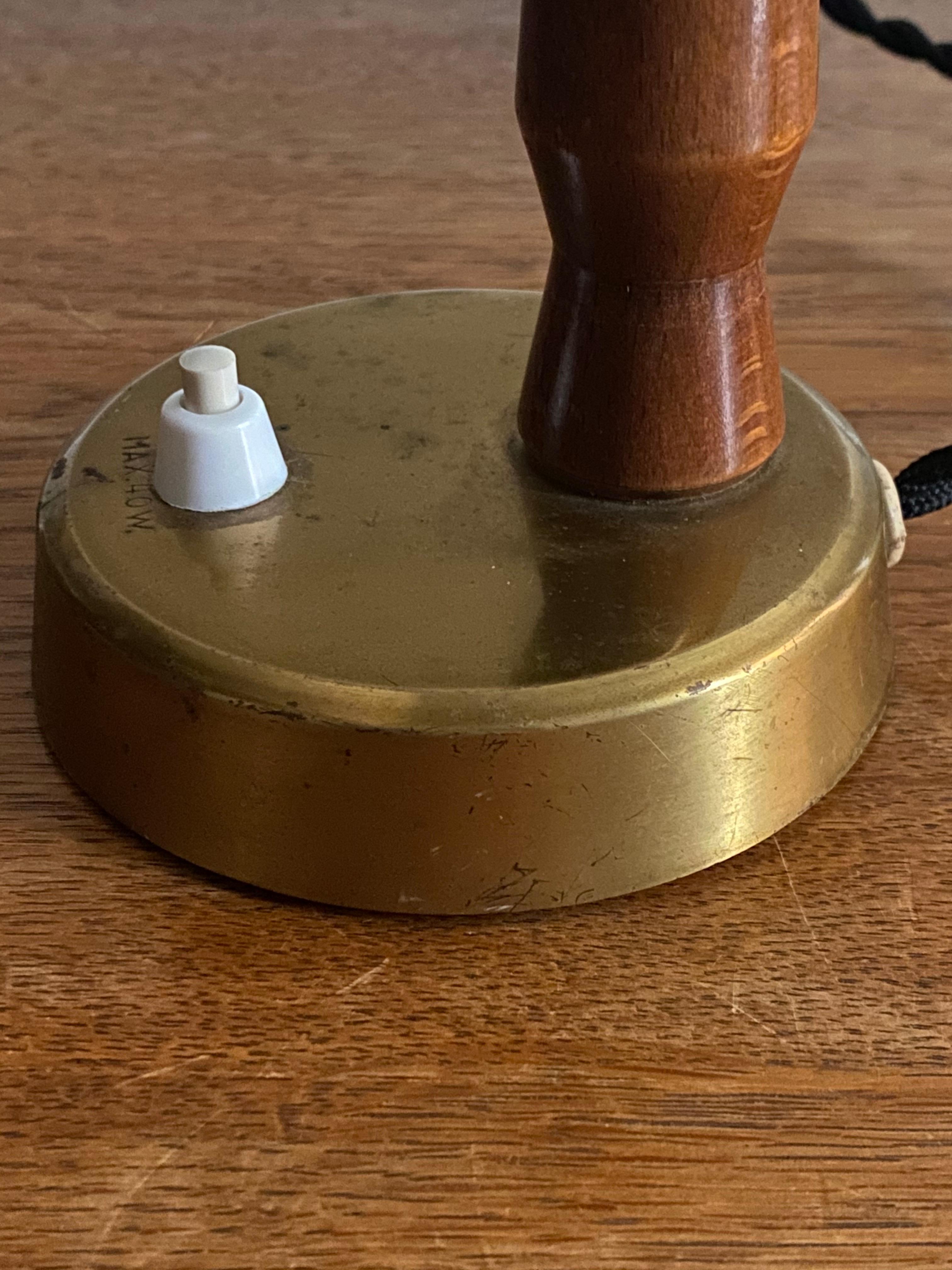 Hans Bergström, Small Table Lamp Wood Brass, Fabric, Ateljé Lyktan, Sweden 1940s 1