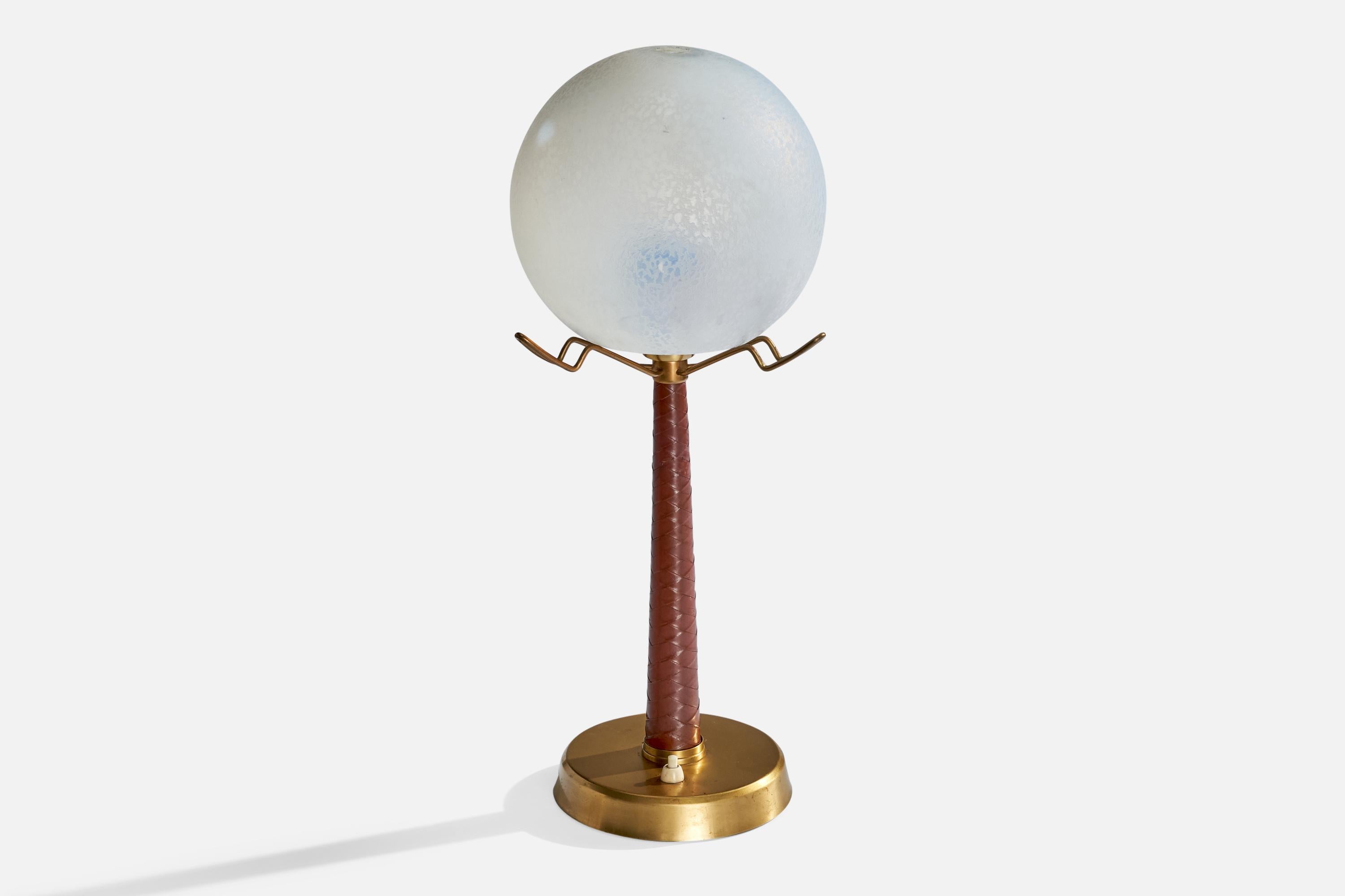 Scandinavian Modern Hans Bergström, Table Lamp, Brass, Leather, Glass, Sweden, 1950s For Sale