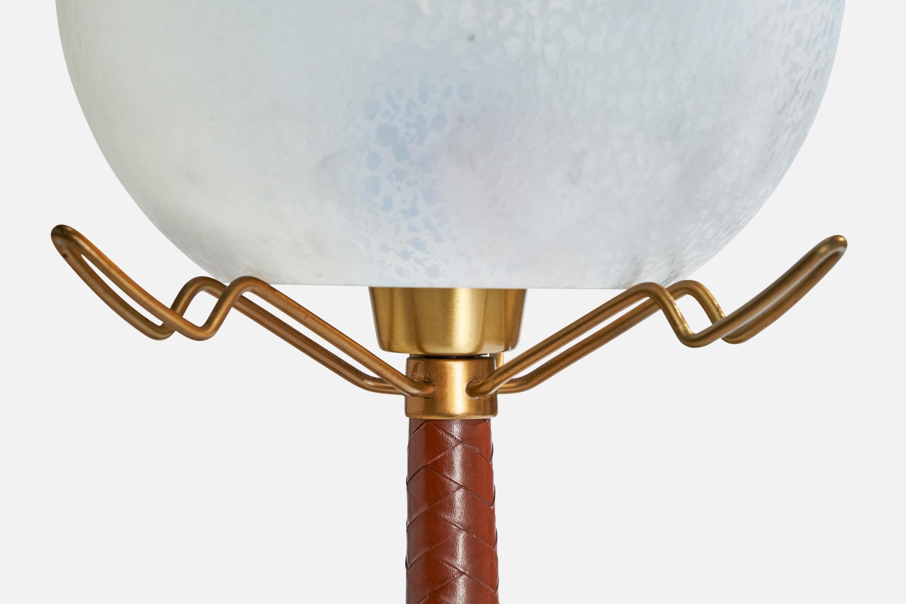 Mid-20th Century Hans Bergström, Table Lamp, Brass, Leather, Glass, Sweden, 1950s For Sale