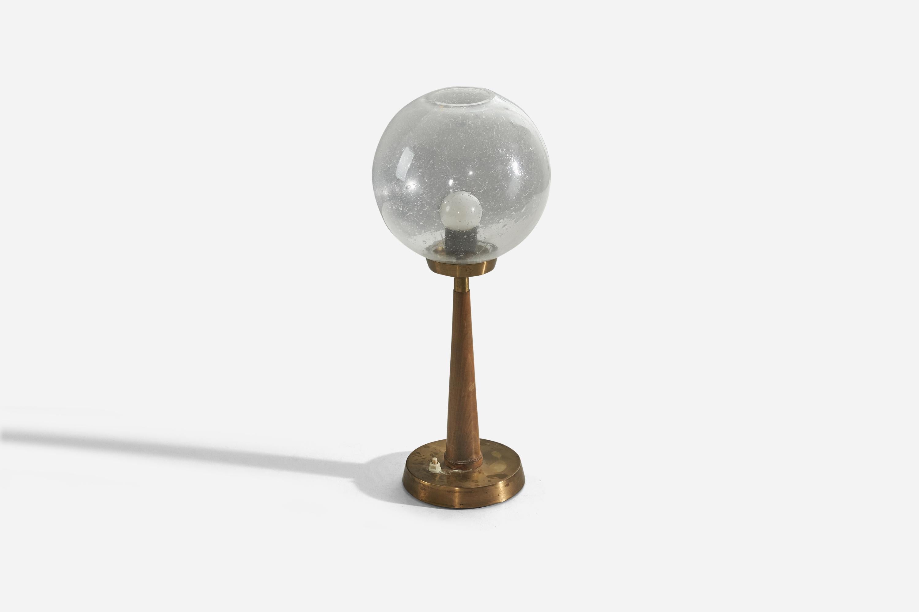 Scandinavian Modern Hans Bergström, Table Lamp, Brass, Wood, Glass, Sweden, 1950s For Sale