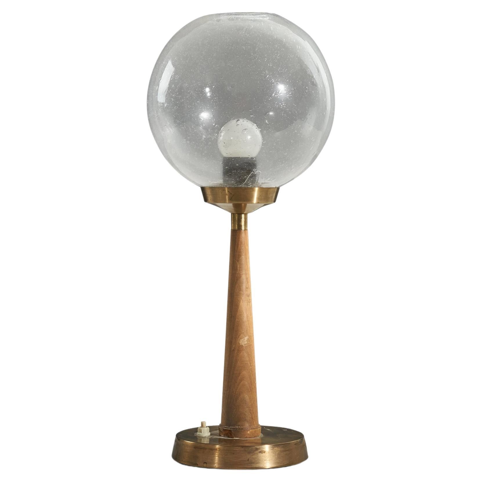 Hans Bergström, Table Lamp, Brass, Wood, Glass, Sweden, 1950s For Sale