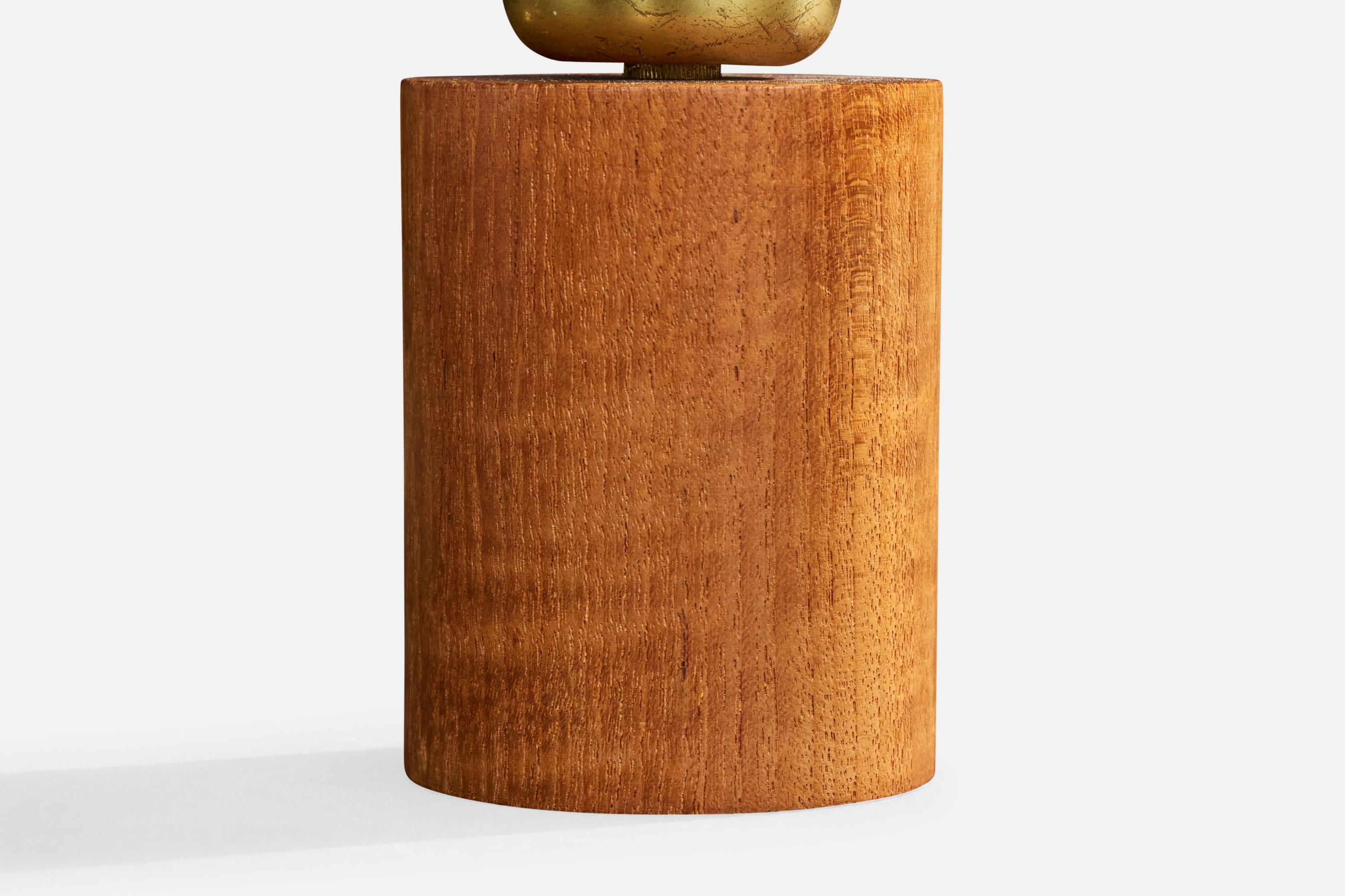 Milieu du XXe siècle Hans Bergström, lampe de table, teck, laiton, tissu, Suède, années 1950 en vente