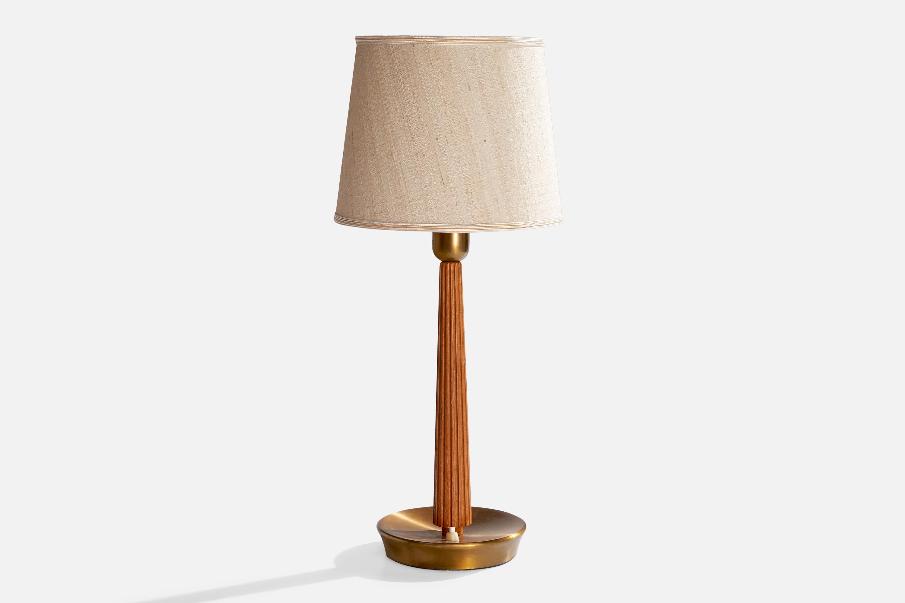 Scandinave moderne Hans Bergström, lampes de table, Oak Oak, Brass, tissu, Suède, années 1950 en vente