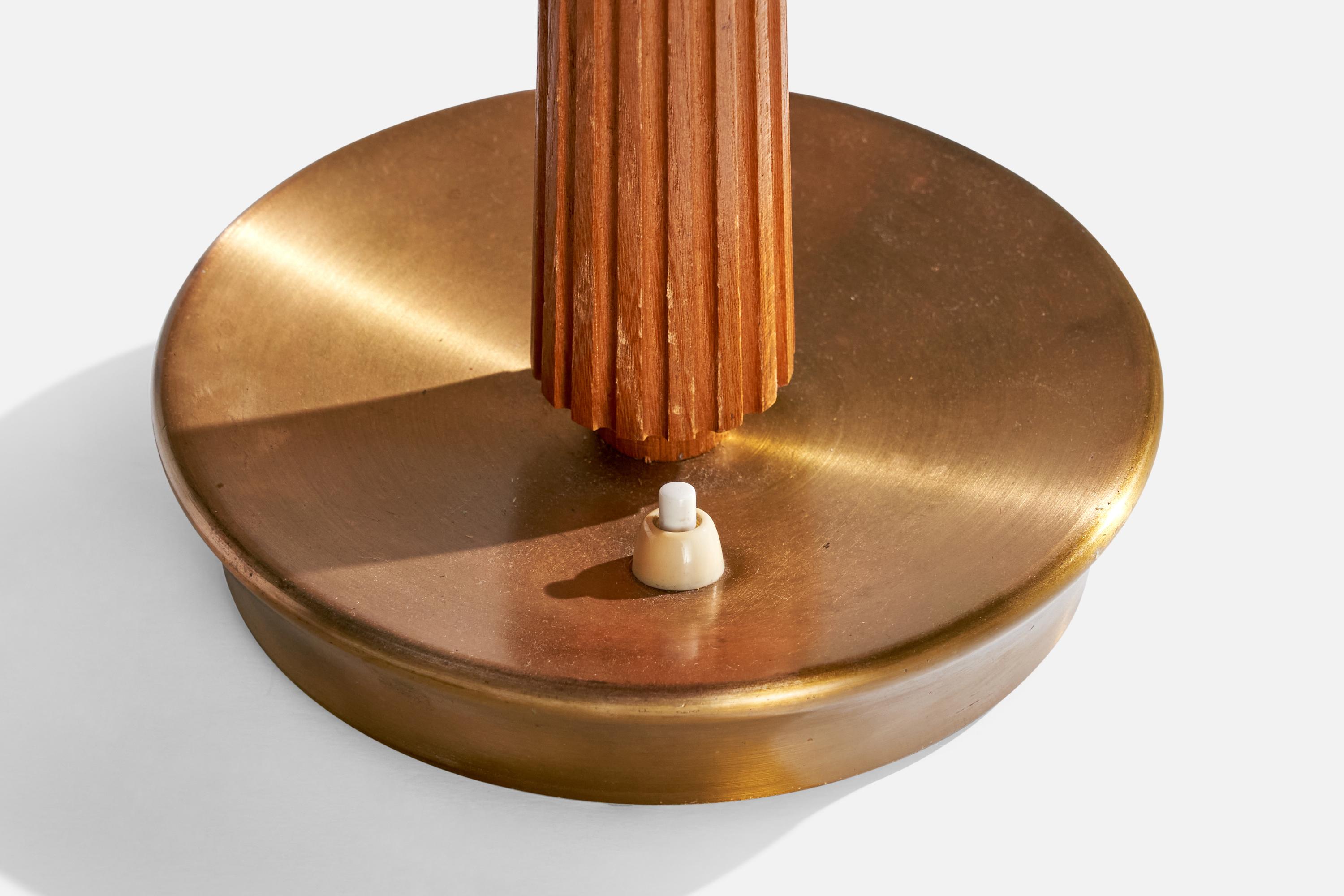 Laiton Hans Bergström, lampes de table, Oak Oak, Brass, tissu, Suède, années 1950 en vente
