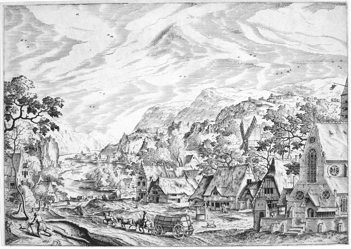 Landscape Print Hans Bol - Scène de rivière avec village et église