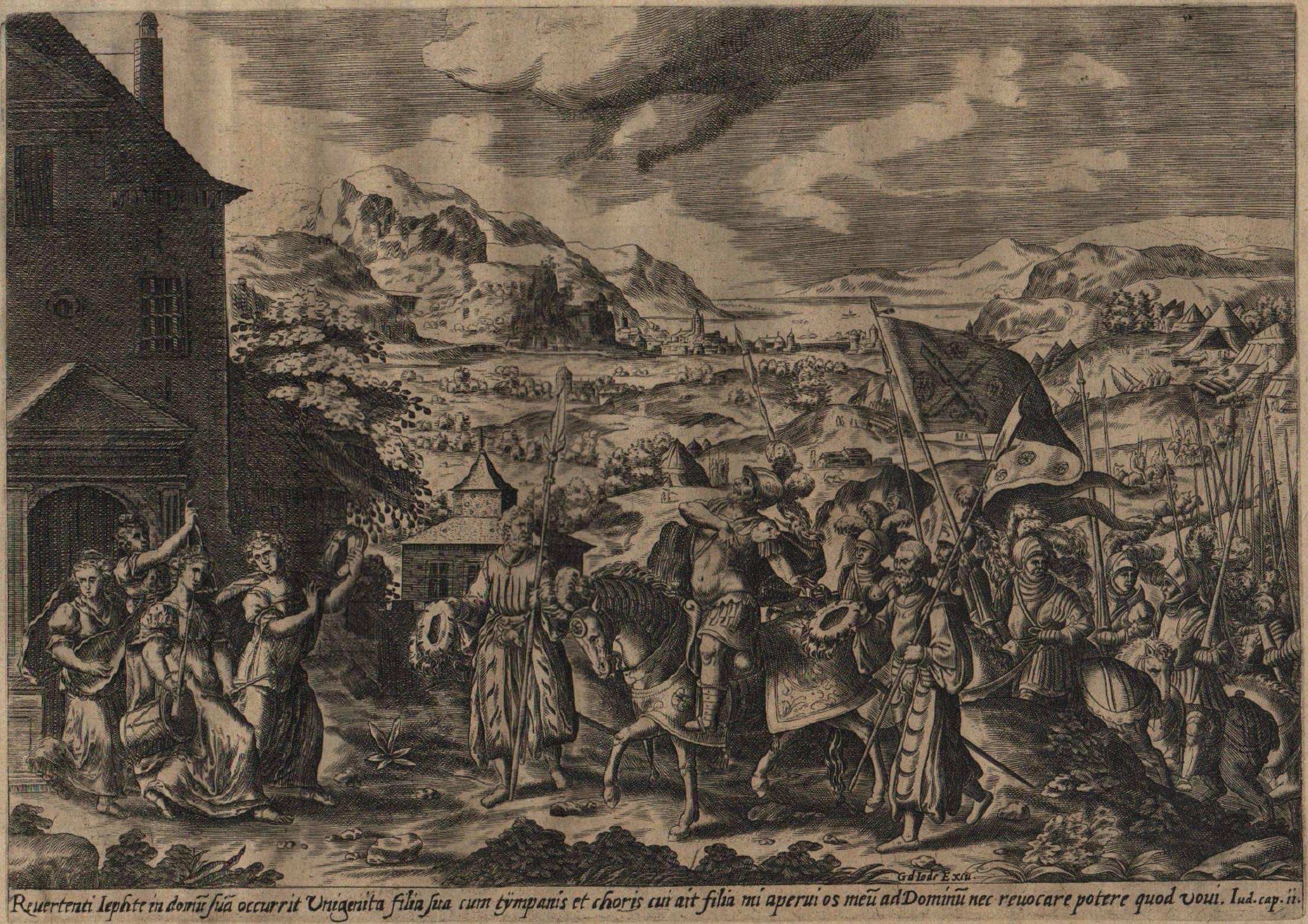 The Story of Jephthah - 1585 Set of 4 Plates - Old Master Engraving Landscape - Gray Landscape Print by Hans Bol