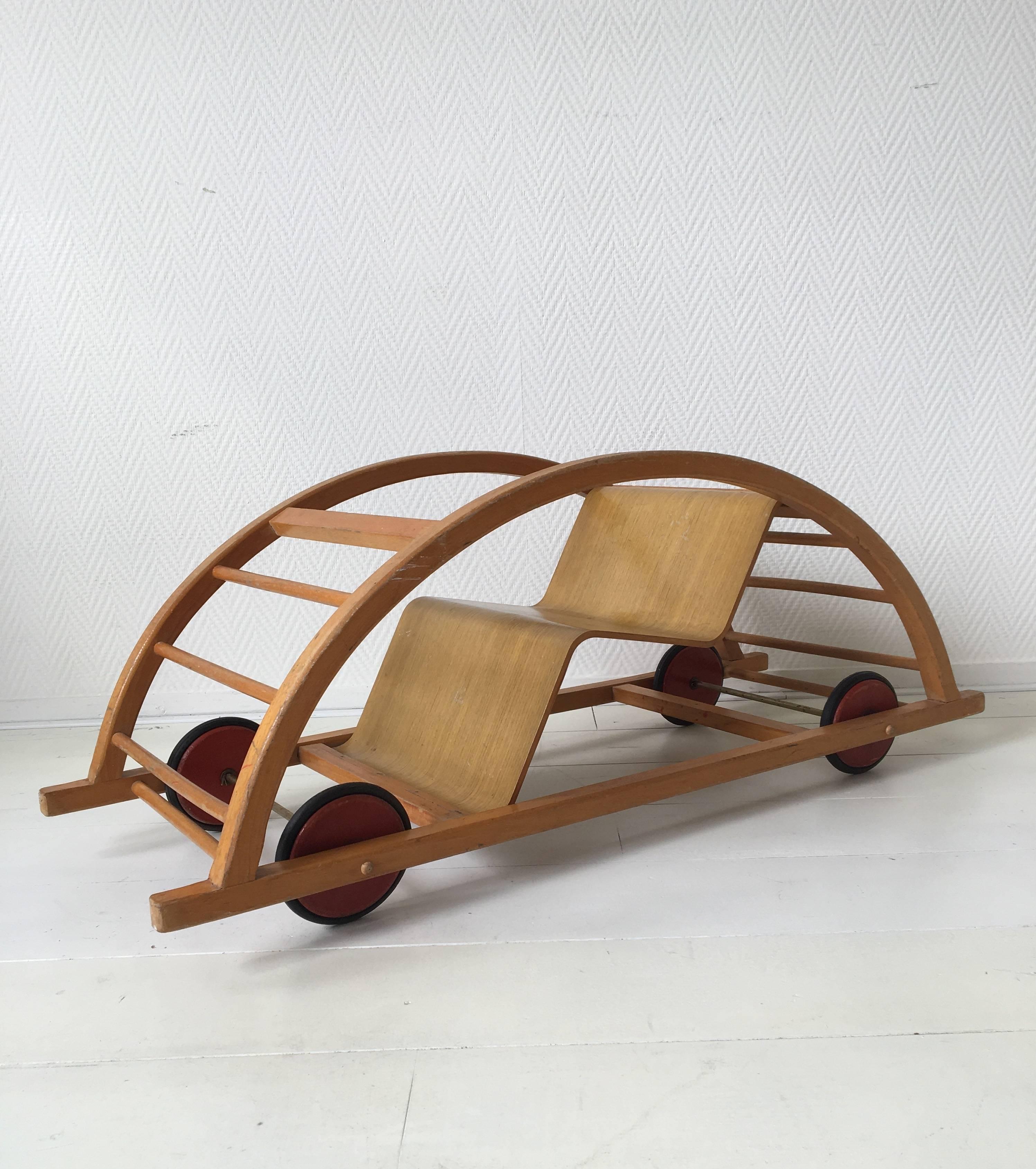 Industrial Hans Brockhage Child's Rocking Chair and Race Car, 1960s