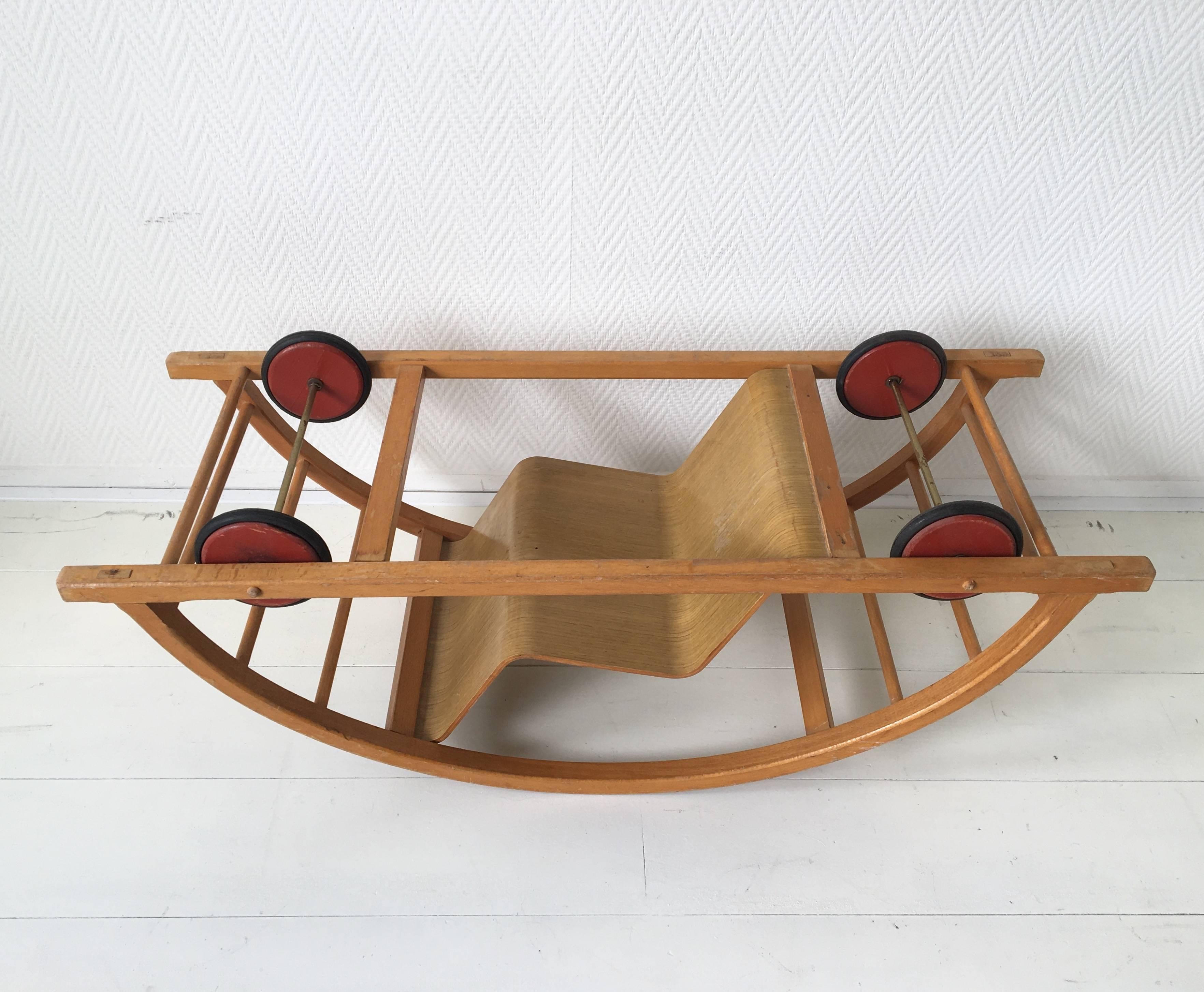 Laminated Hans Brockhage Child's Rocking Chair and Race Car, 1960s