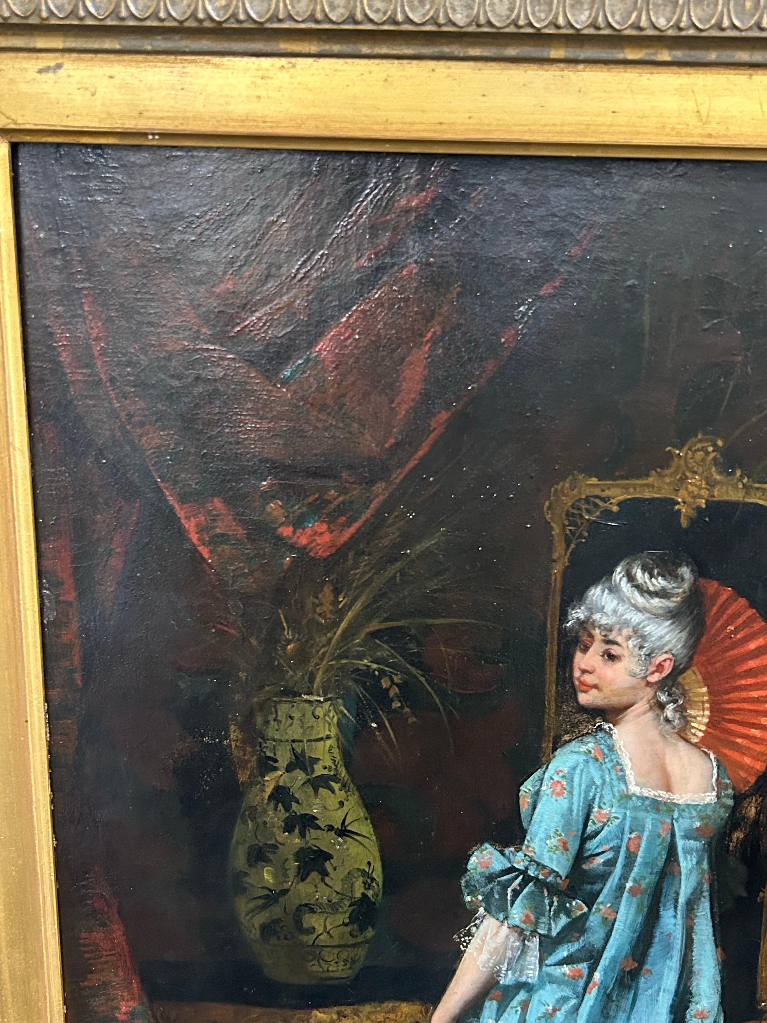 Hans Buchner , 1856-1941. Deutsch. Porträt einer eleganten Frau mit einem Fächer in einem reich geschmückten Salon. Dies sind die Art von Szenen. Hans Buchner war bekannt für... Gemälde einer Frau in zeitgenössischer Kleidung aus dem späten 19.  in