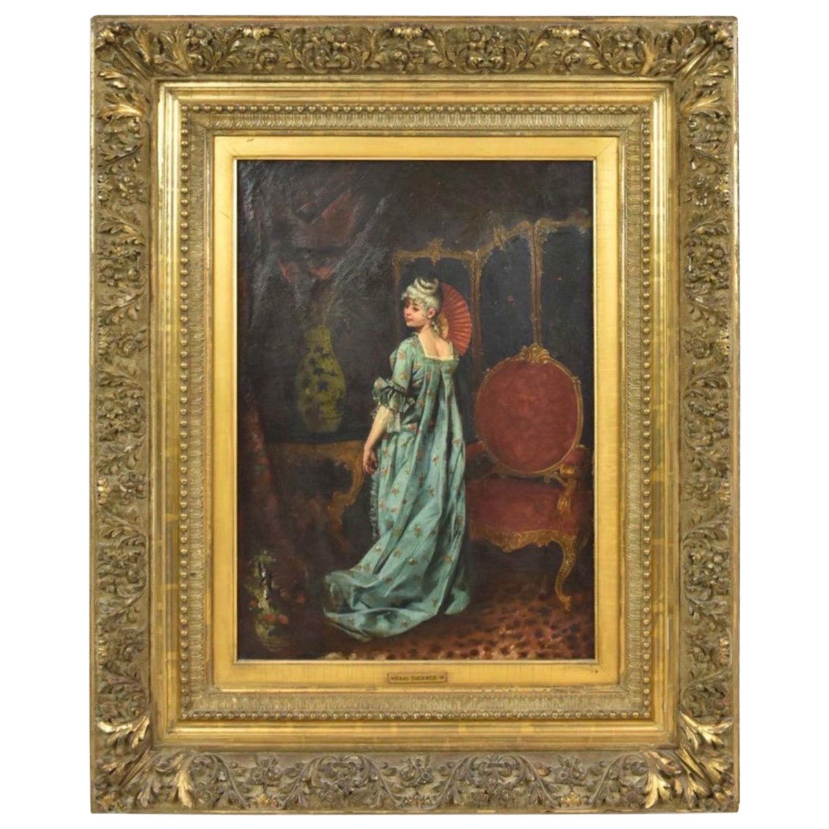 Hans Buchner . signiert 1896 Öl auf Leinwand .. "Elegante Dame mit Fächer" im Angebot