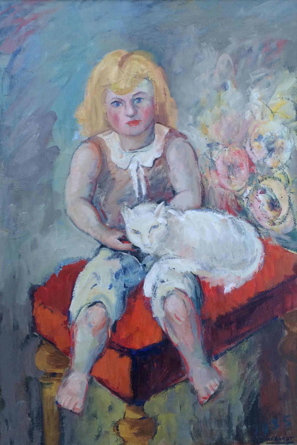Girl with Cat oil painting by Hans Burkhardt For Sale 1