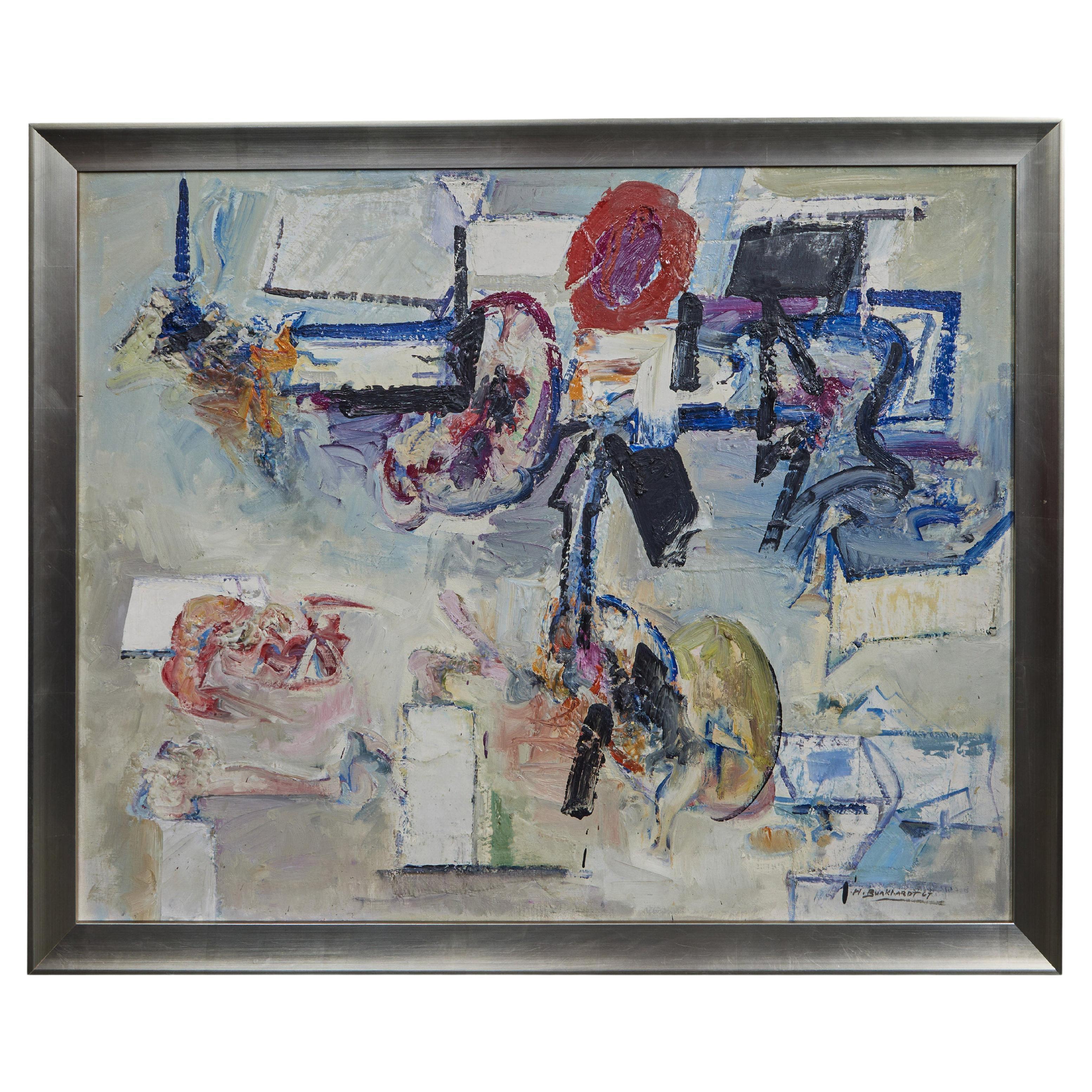 Olio su tela incorniciato dell'artista espressionista astratto svizzero-americano Hans Burkhardt (1904-1994). Firmato e datato in basso a destra, 1967.
Cornice in legno dorato argento.