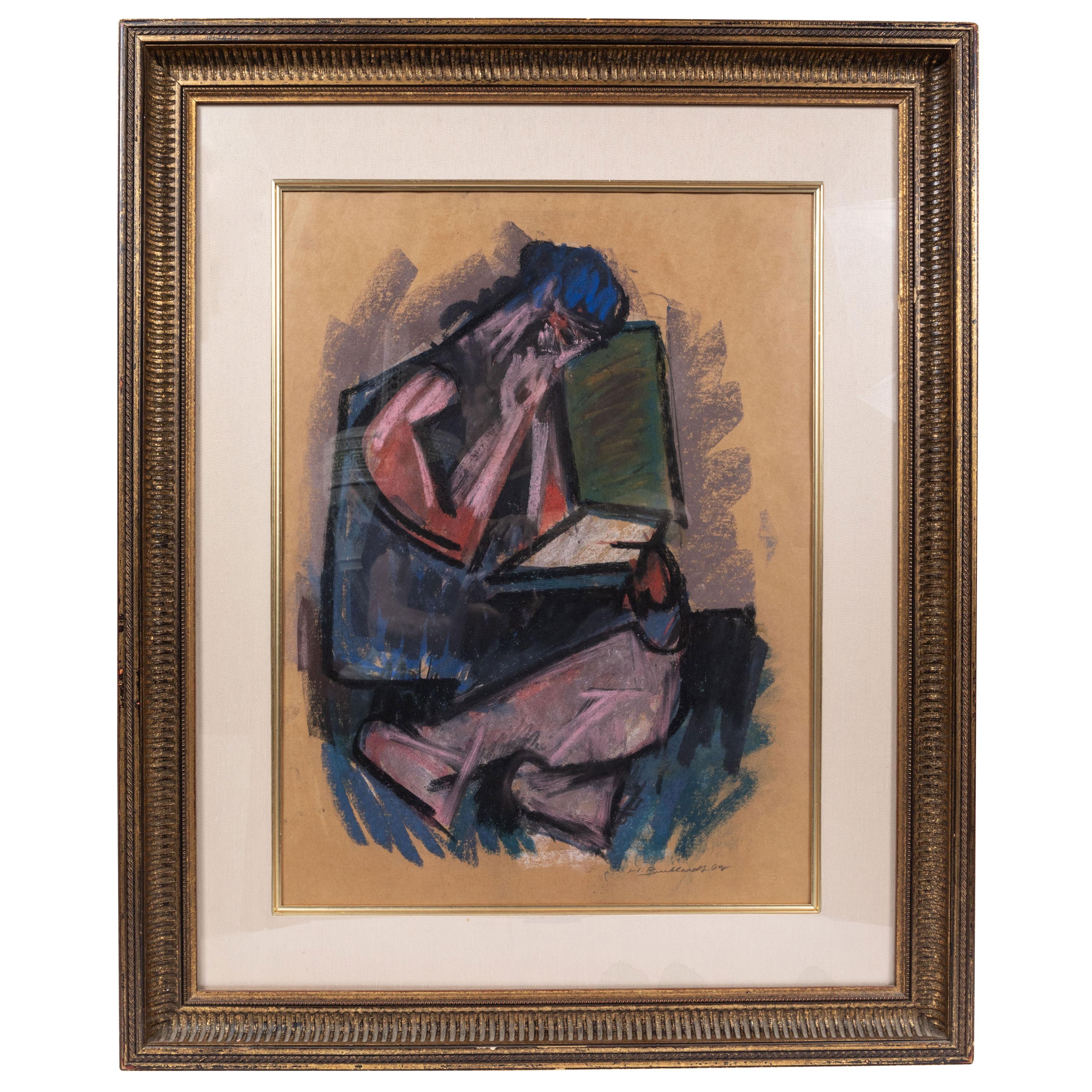 Signed and dated, abstract figurative, acrylic and pastel artwork on paper by important American artist, Hans Burkhardt (1904-1994).

From Wikipedia: "When he moved to Los Angeles in 1937, Burkhardt represented the most significant bridge between