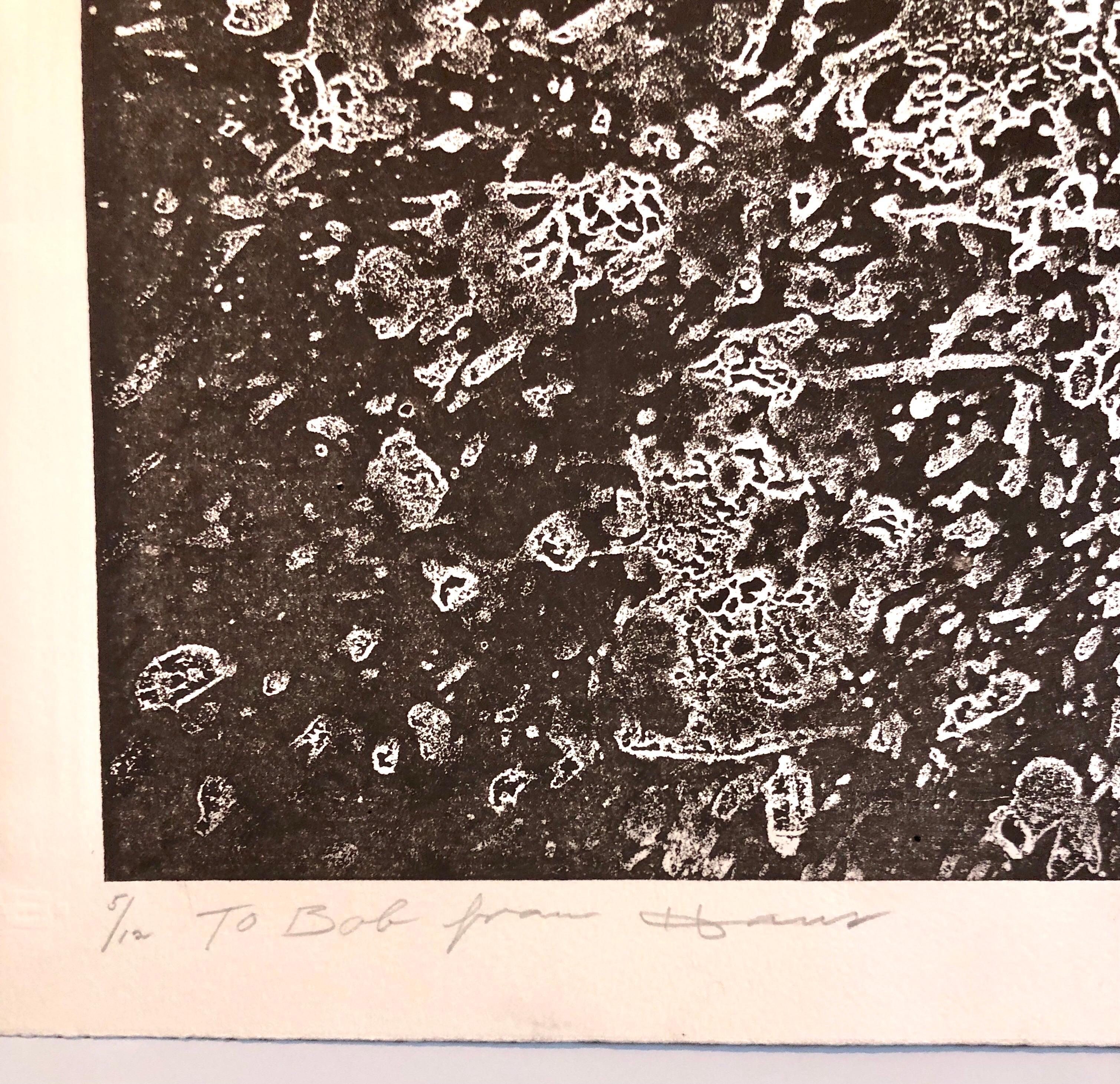 Untitled, 1983, lithograph printed in sepia ink, 
Hand signed and dated lower right, numbered in pencil with the artist's chop mark lower left, inscribed 
by artist. From a series of experimental abstract linocuts done in 1983. These are very small