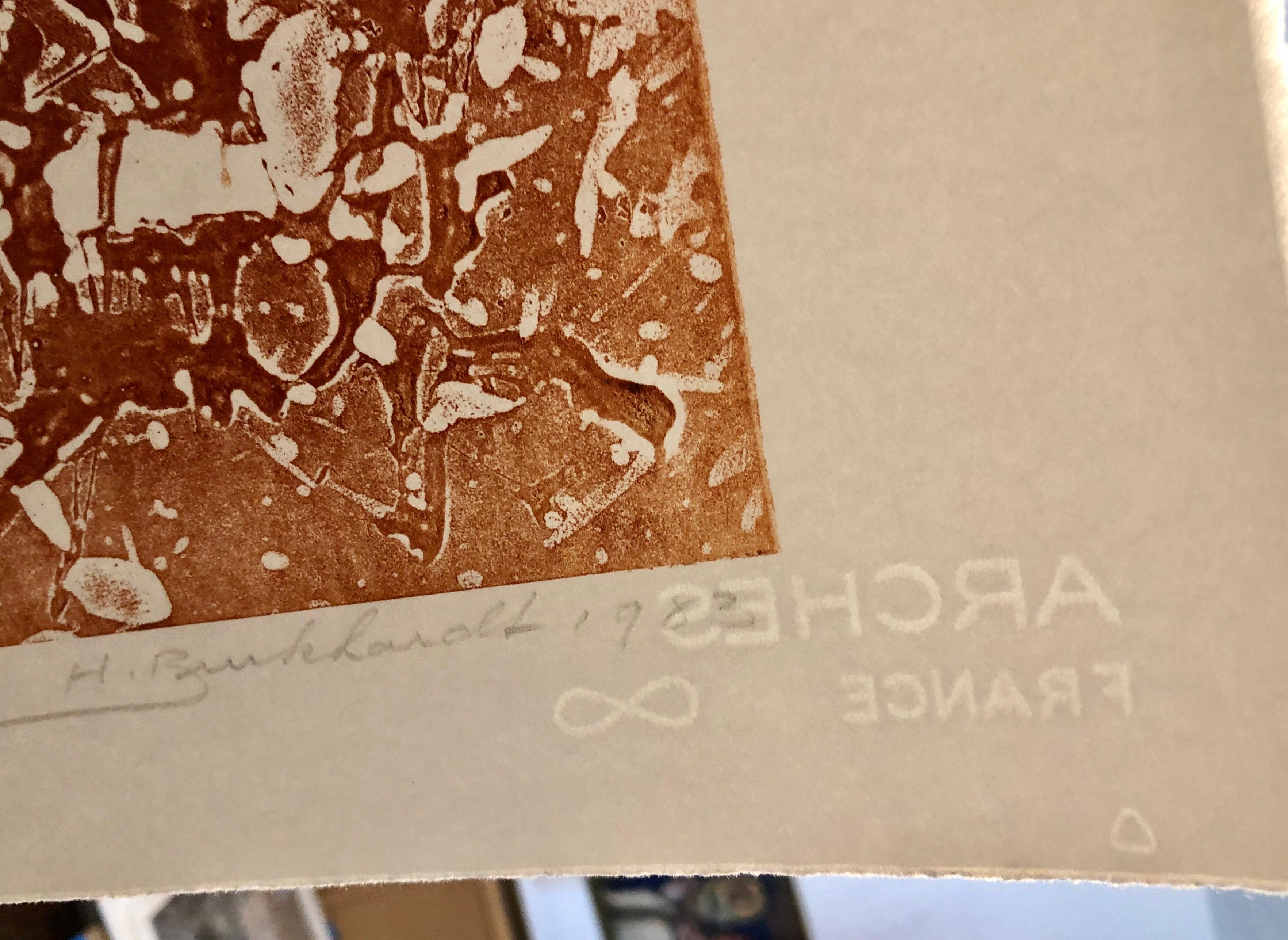 California Espressionista Astratto Linocut Litografia Stampa seppia Edizione di 6 in vendita 4