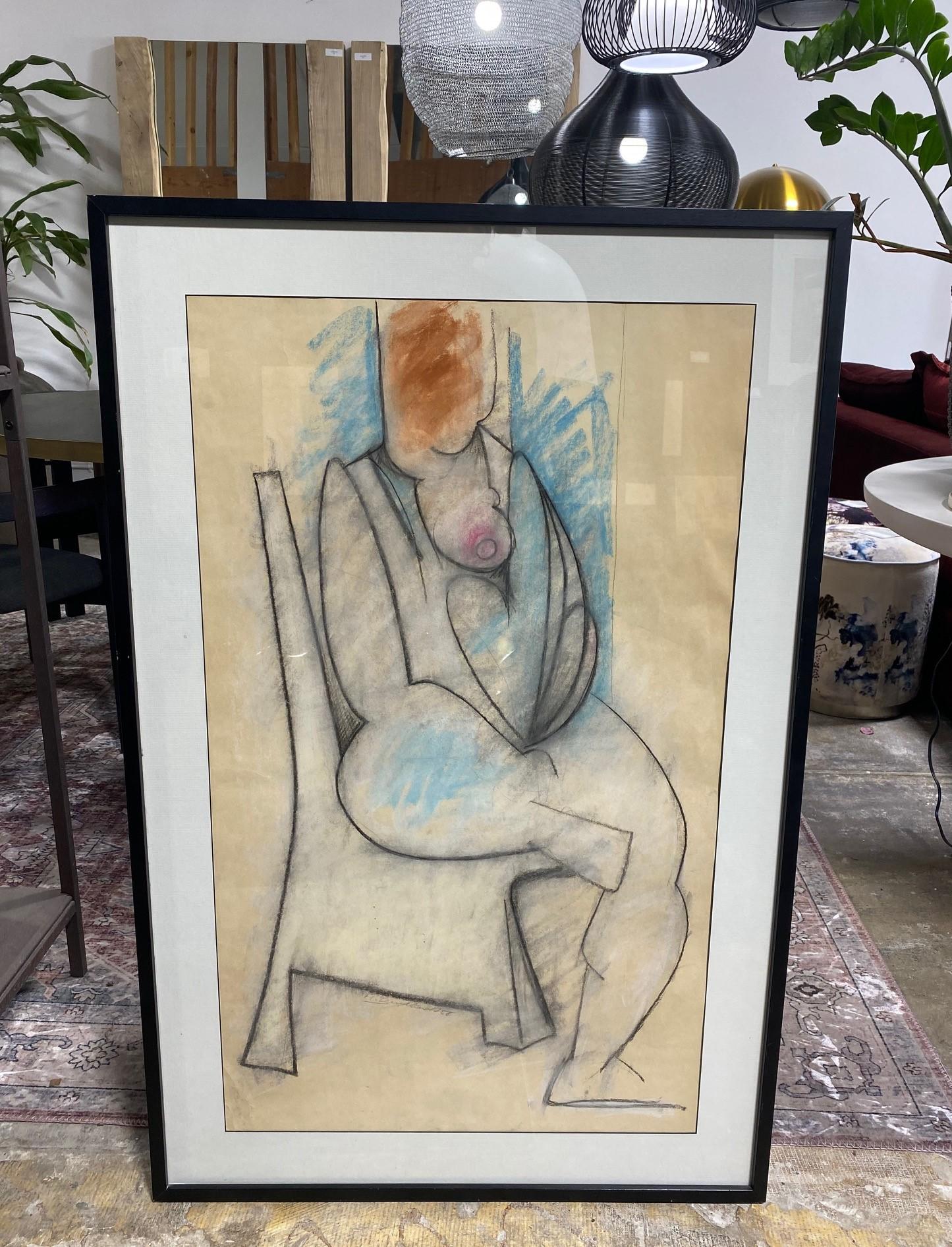 A wonderful, highly engaging large original abstract female nude pastel painting/drawing by Swiss/ American/ Californian painter-artist Hans Burkhardt. 

This work, titled 