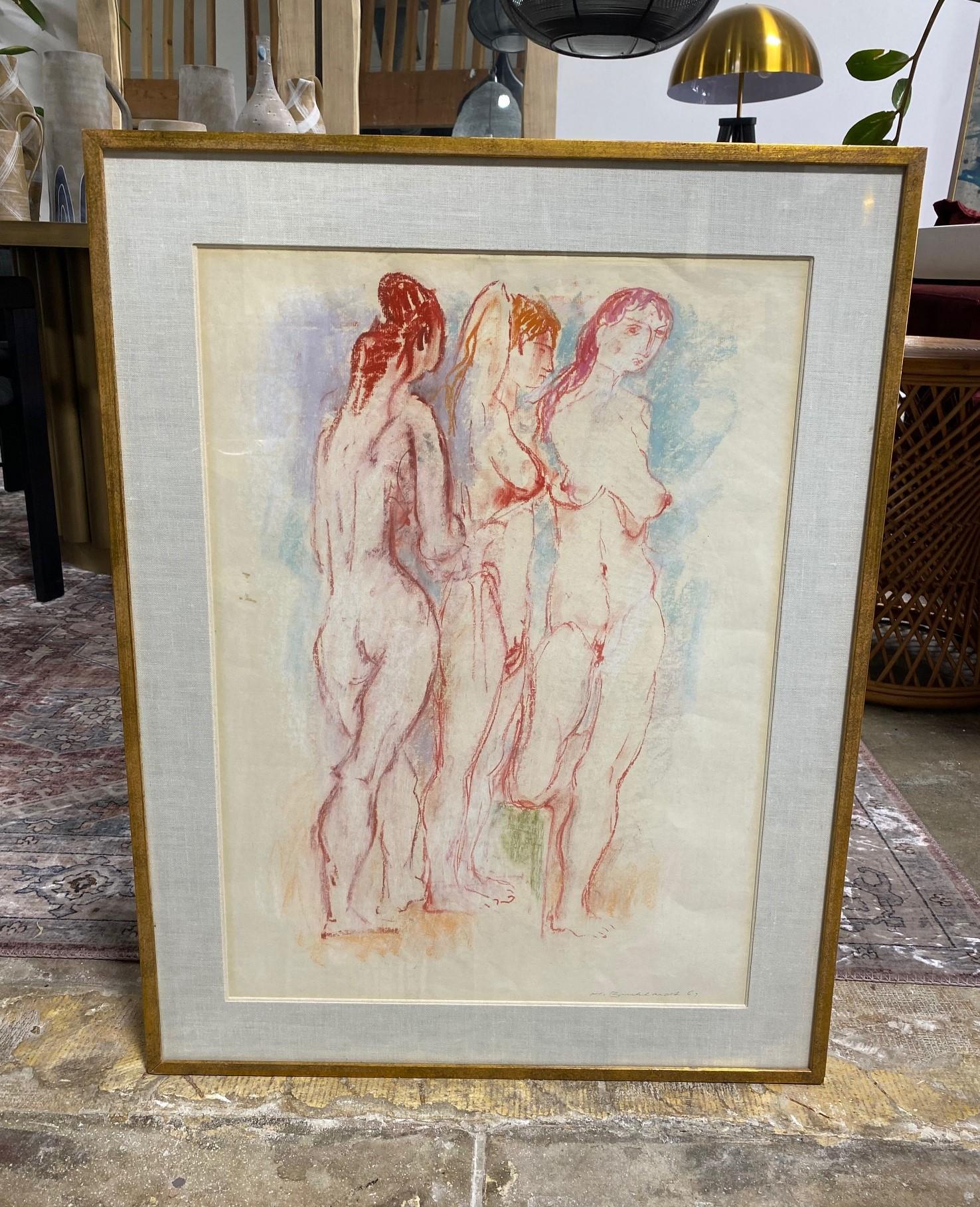 Une magnifique et très engageante grande peinture / dessin au pastel abstrait original de trois figures féminines nues par le peintre-artiste suisse / américain / californien Hans Burkhardt. 

Cette œuvre est signée au crayon à la main et datée