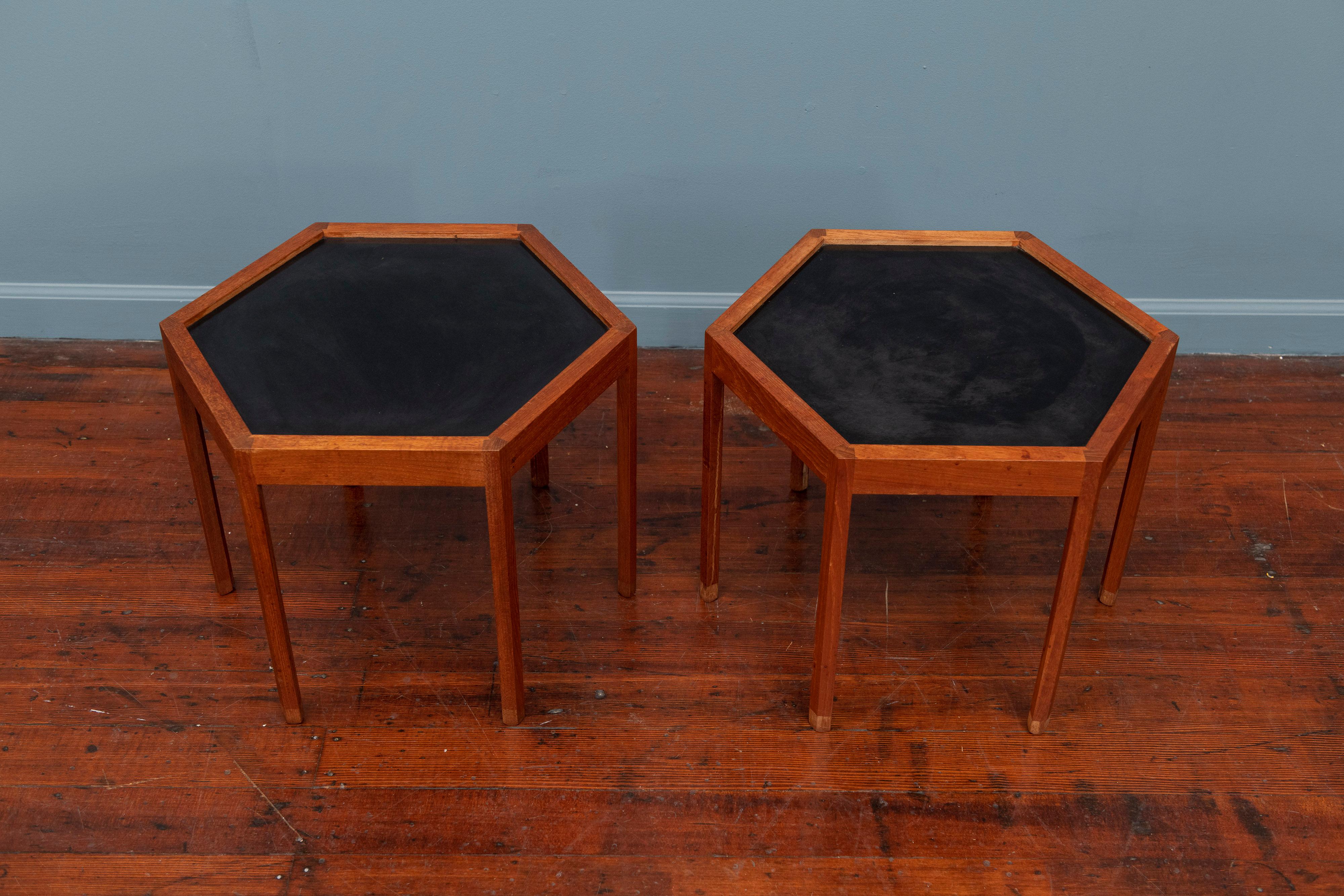 Hans C Andersen design teak hexagonal side or drink tables with black laminate tops, for Arturo Denmark, 1960s.