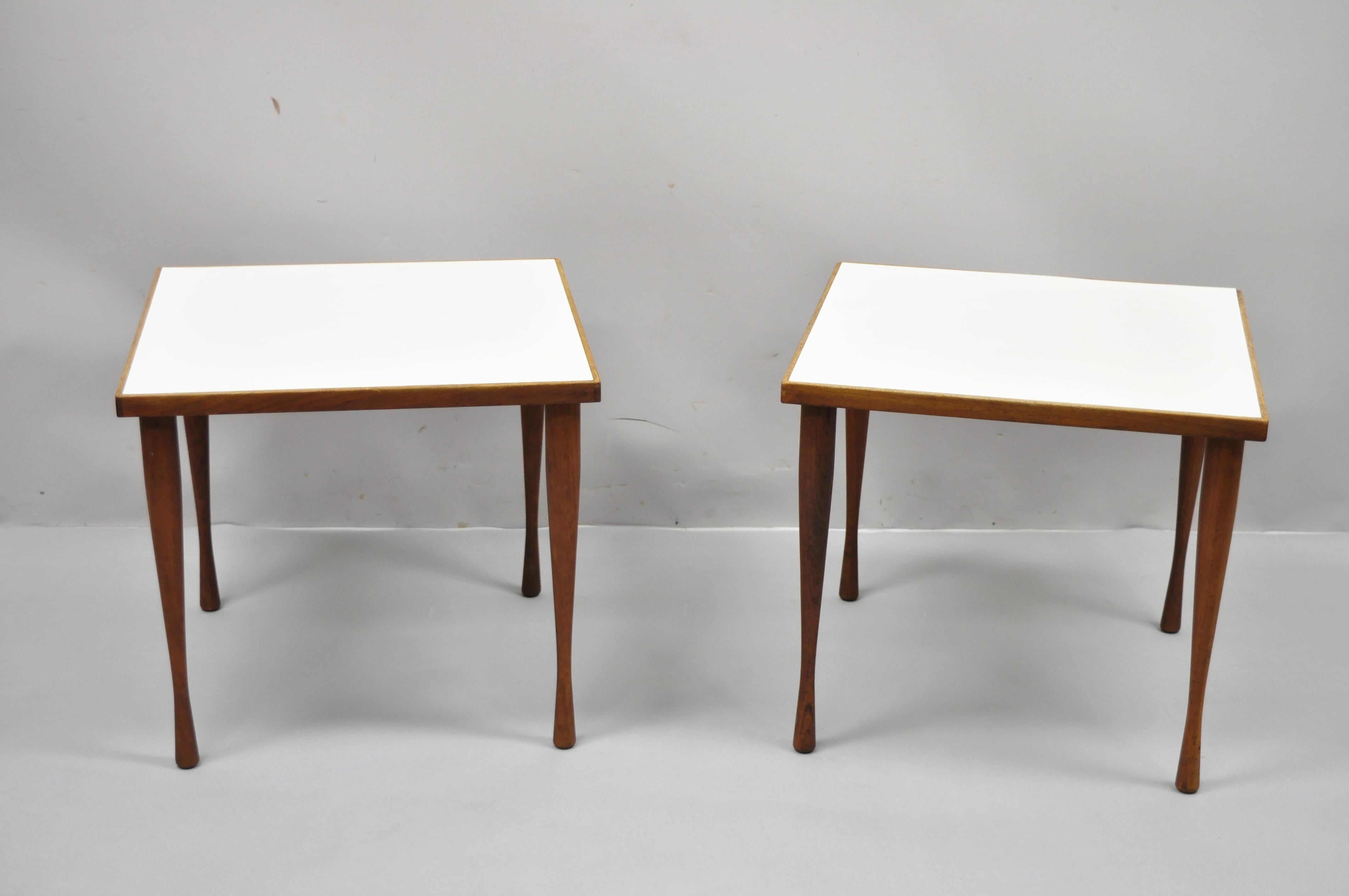 Hans C Andersen Teak Wood White Formica Tapered Hour Glass Snack Tables - a Pair For Sale 4