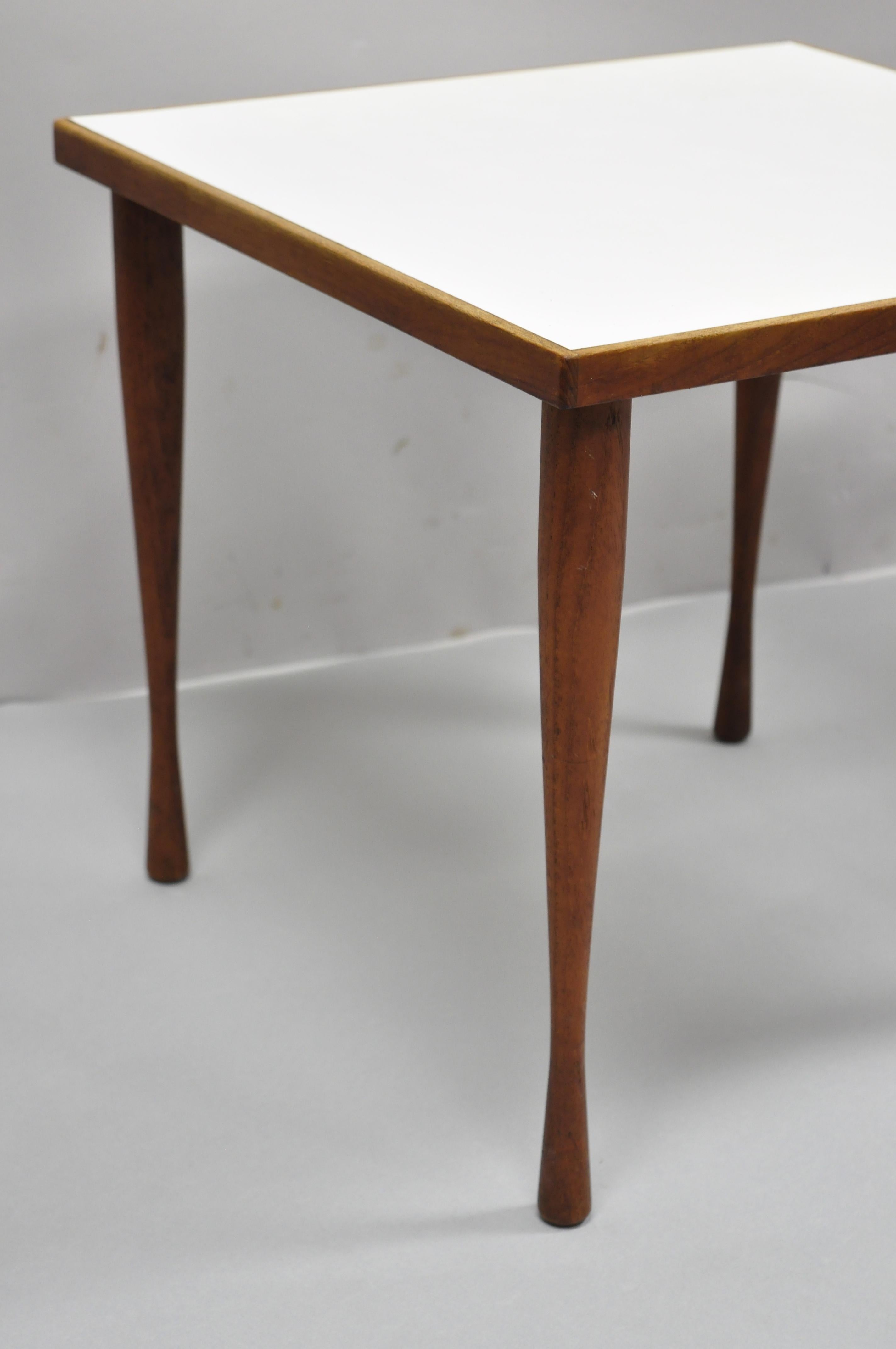 Mid-Century Modern Hans C Andersen Teak Wood White Formica Tapered Hour Glass Snack Tables - a Pair For Sale