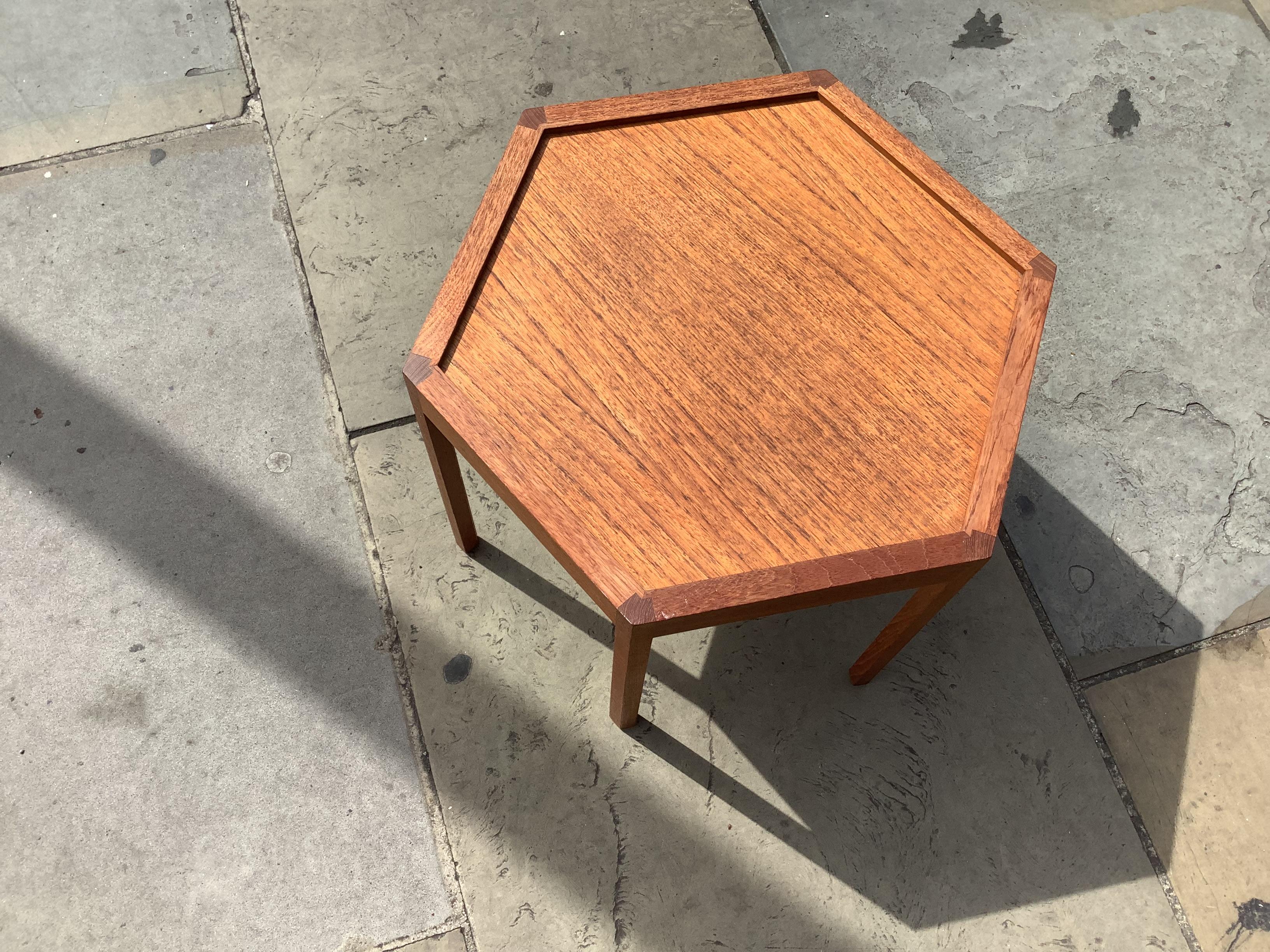 Beautiful side table in teak and oak hexagonal shape 
Designed by Hans  Christiansen Adersen

For Artex